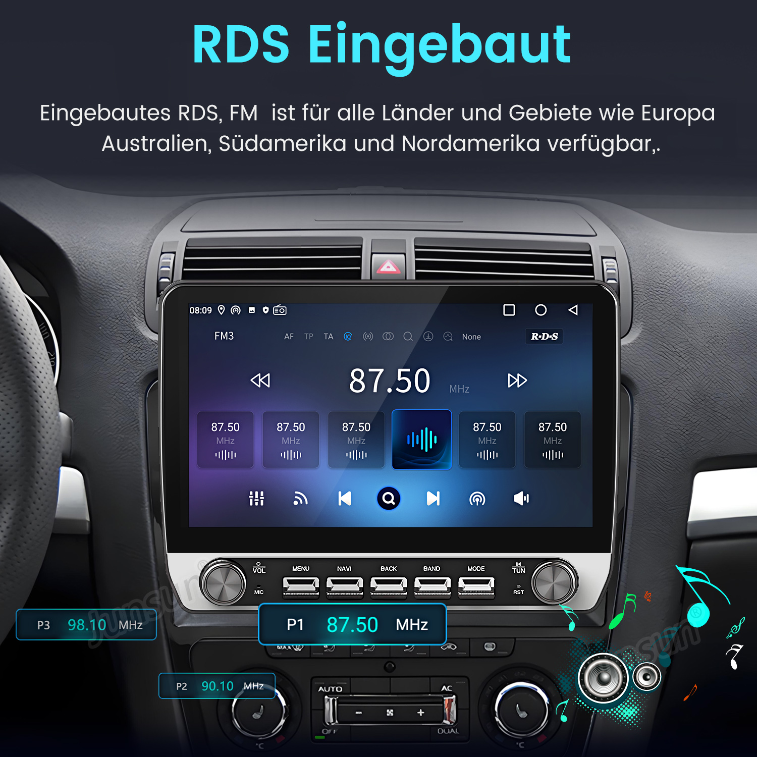 Autoradio-Bildschirm mit FM-Radio-Informationen. Der Bildschirm zeigt Frequenz, Steuertasten und RDS-Logo. Der Text oben lautet 'RDS Eingebaut'.