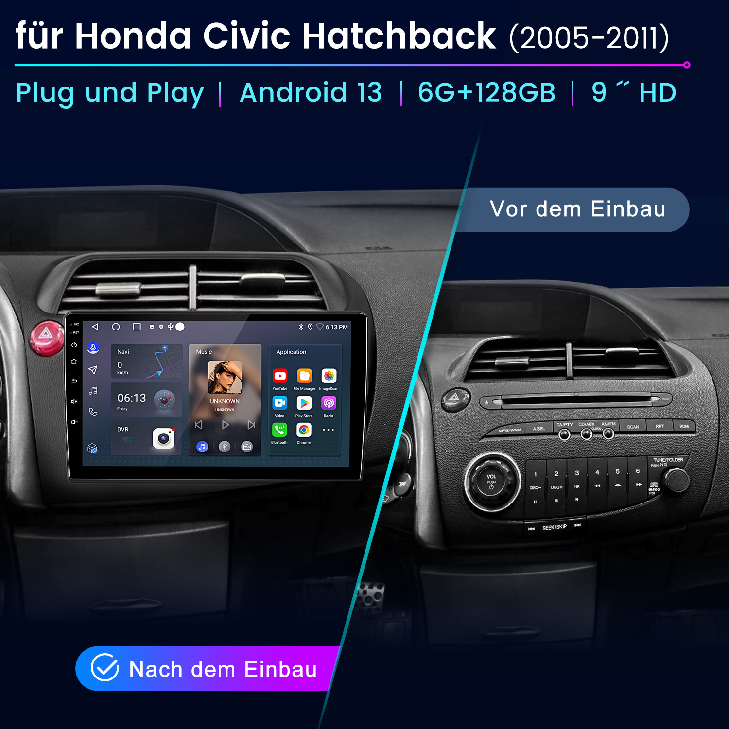 Autotafel vor und nach der Installation. Ein Bildschirm zeigt Navigation und Musik. Das Originalradio ist rechts sichtbar.