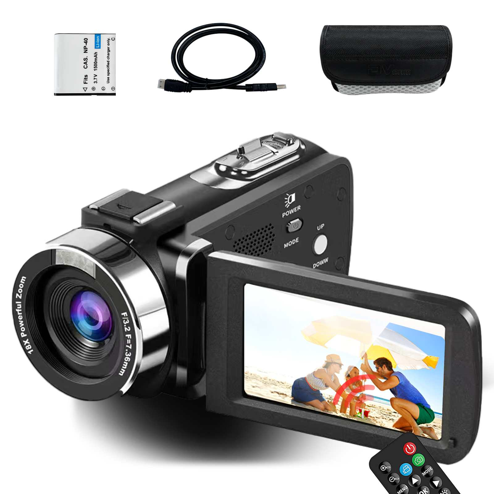 Eine schwarze Camcorder mit einem Bildschirm, der Menschen am Strand zeigt. Zubehör sind Akku, Kabel und eine Tasche.