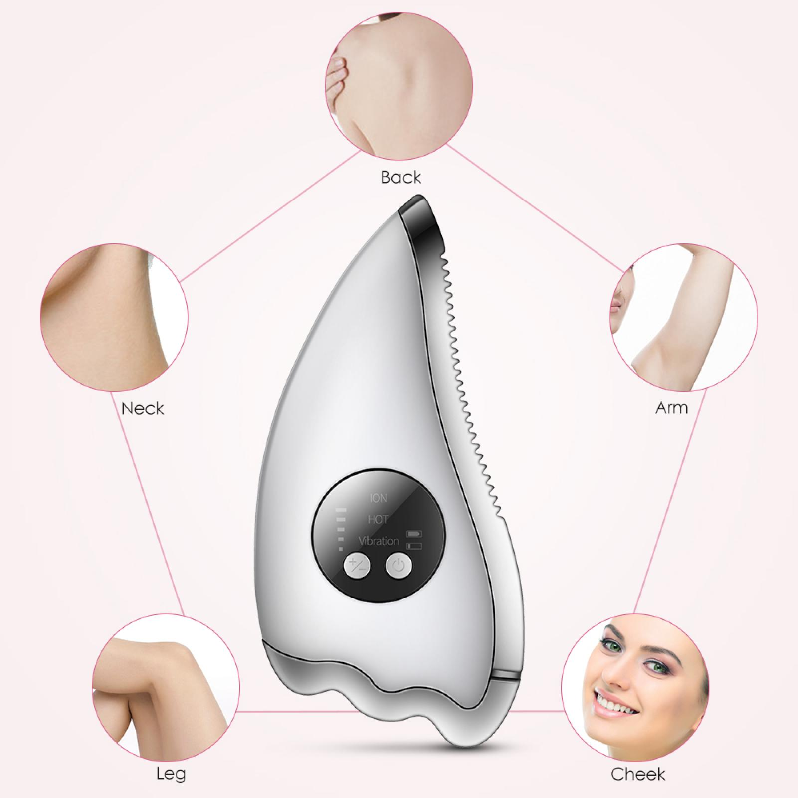 Ein silbernes Massagegerät mit verschiedenen Körperteilen darum: Rücken, Nacken, Arm, Bein und Wange. Rosa Hintergrund.