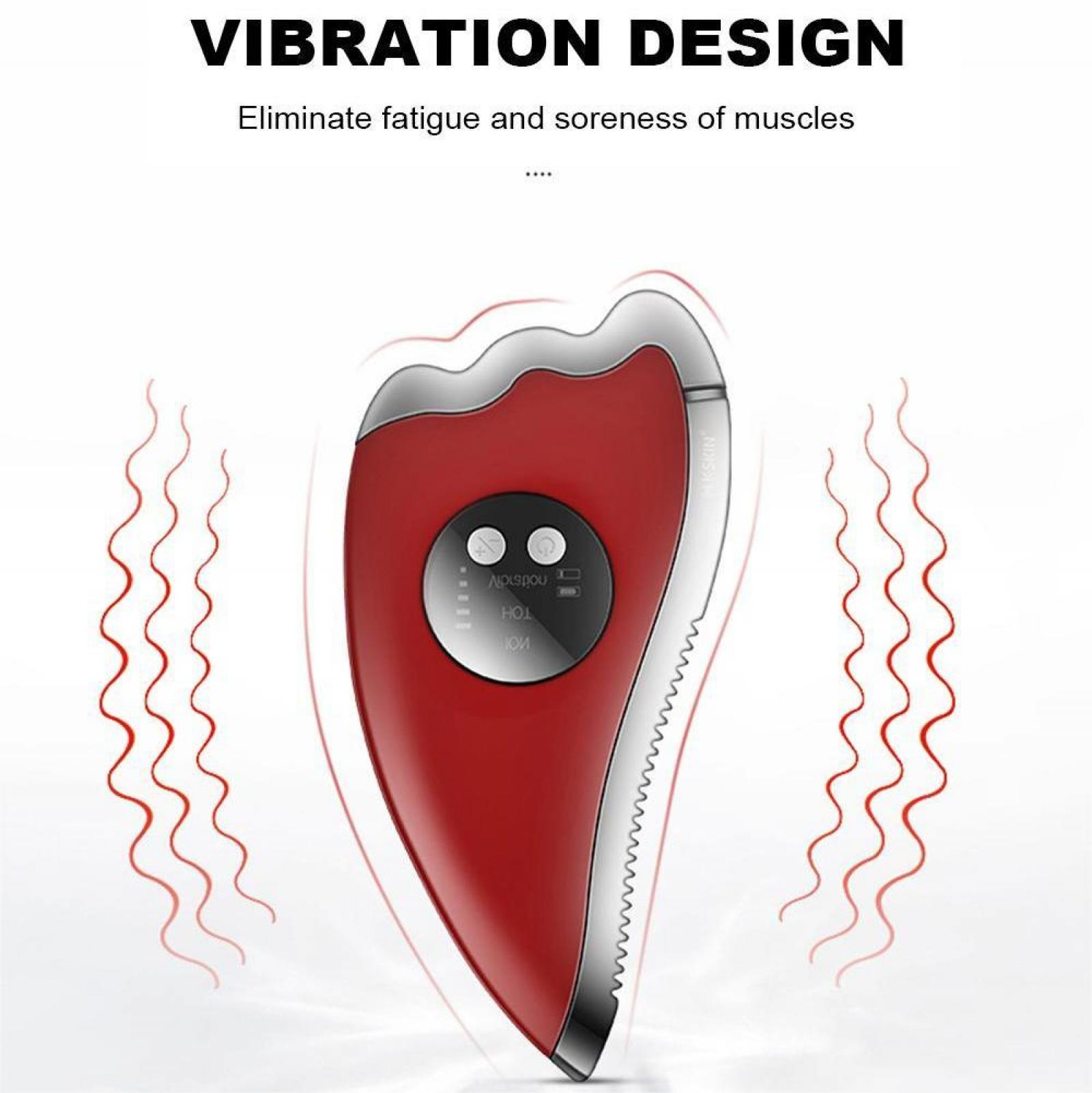 Rotes und silbernes Gesichtsmassagegerät. Text: Vibrationsdesign. Beseitigen Sie Müdigkeit und Muskelkater.