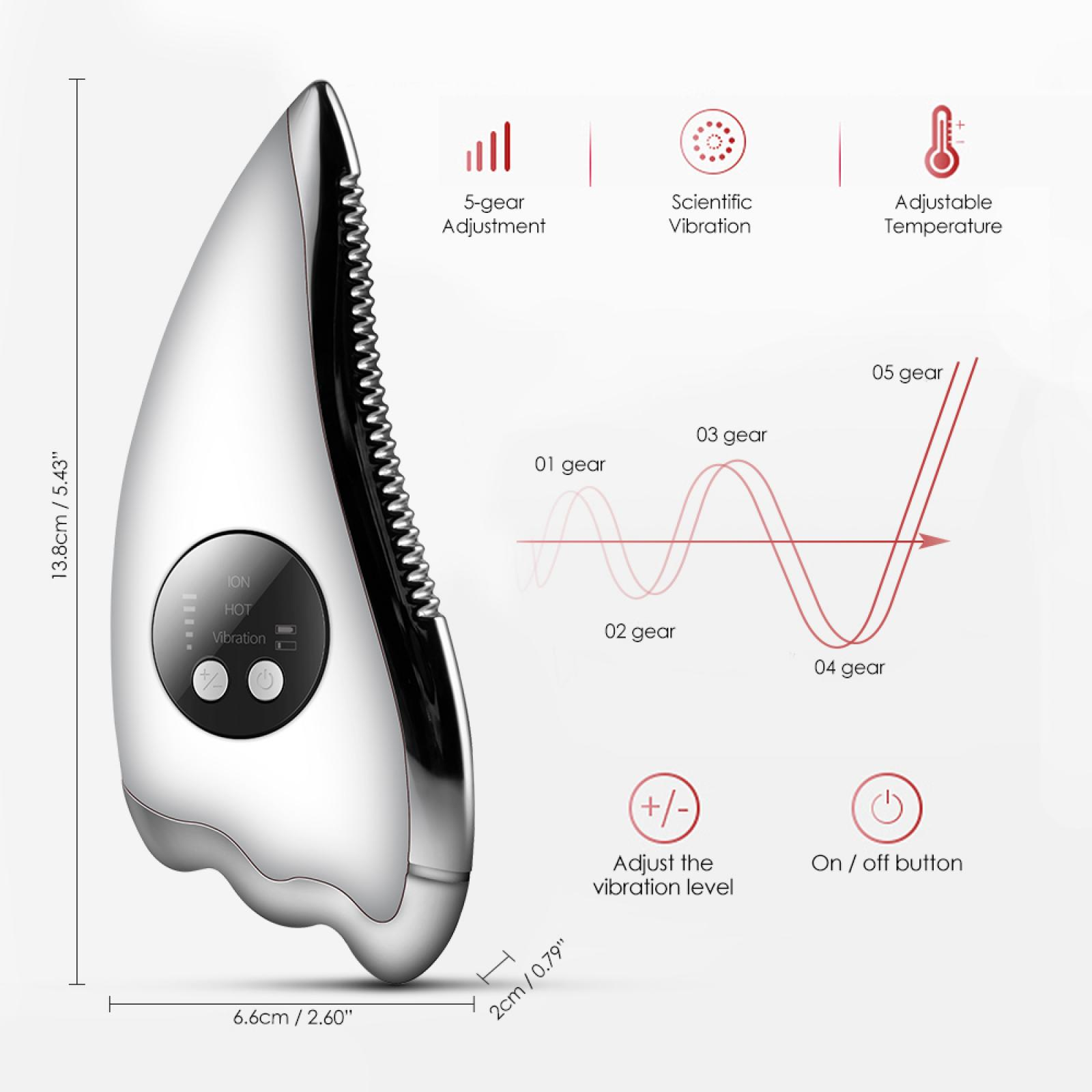 Ein silbernes Gesichtsmassagegerät mit Einstelltasten und Temperaturregelung, mit roten Linien, die die Vibrationsstufen anzeigen. Weißer Hintergrund.