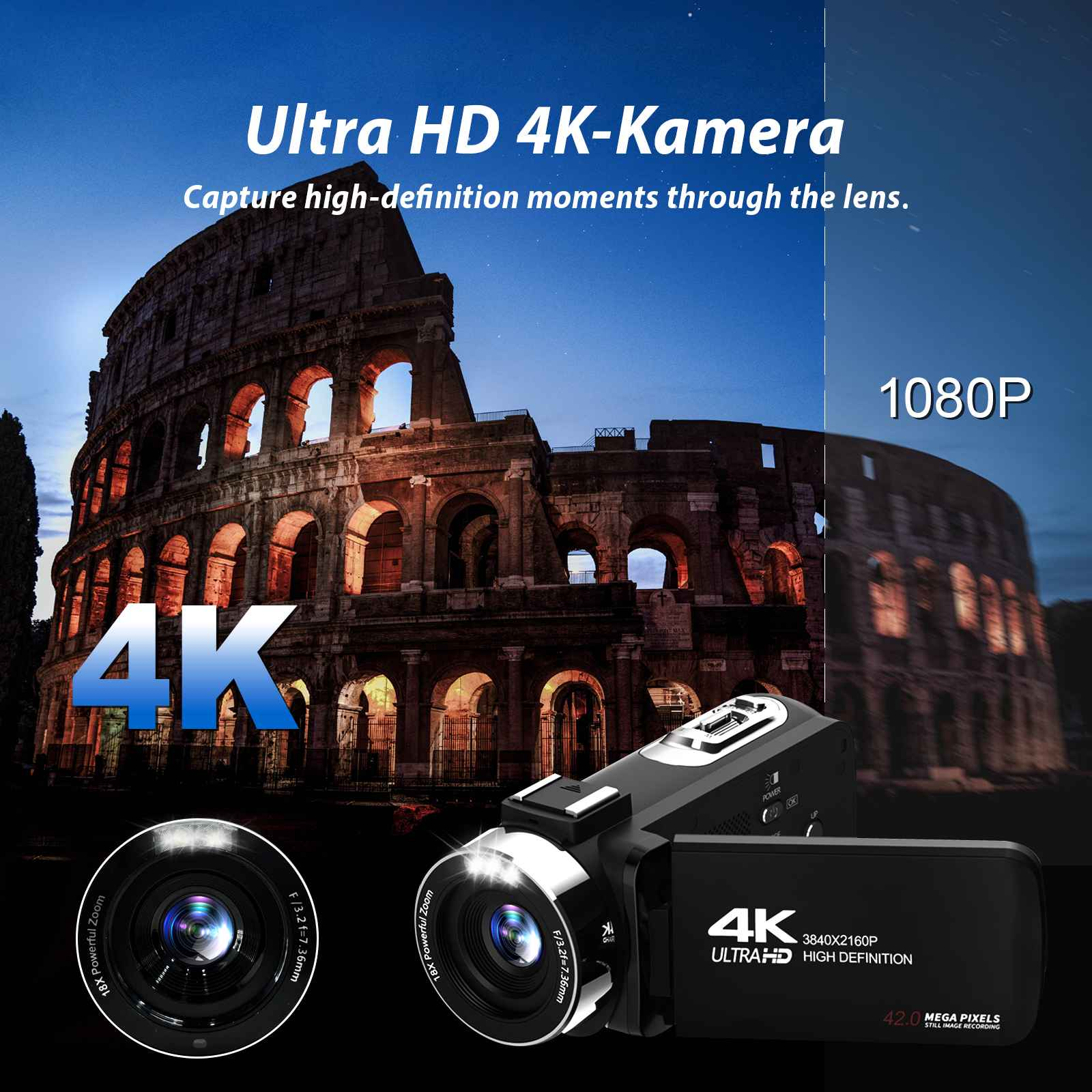 Eine Ultra HD 4K Kamera mit Objektiv, vor einem Colosseum-Bild, mit Text und Auflösungsdetails.