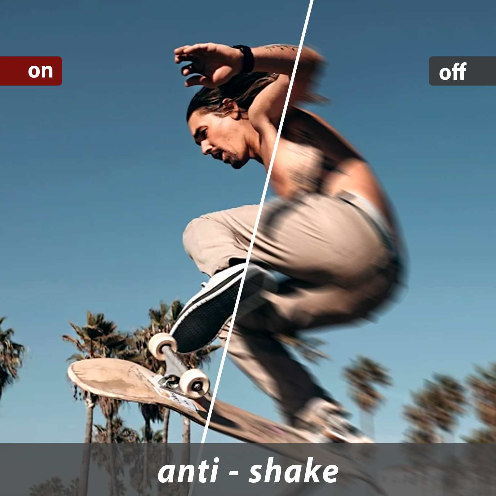 Ein Skateboarder springt. Das Bild zeigt den Effekt von Anti-Shake. Eine Hälfte ist klar, die andere verschwommen.