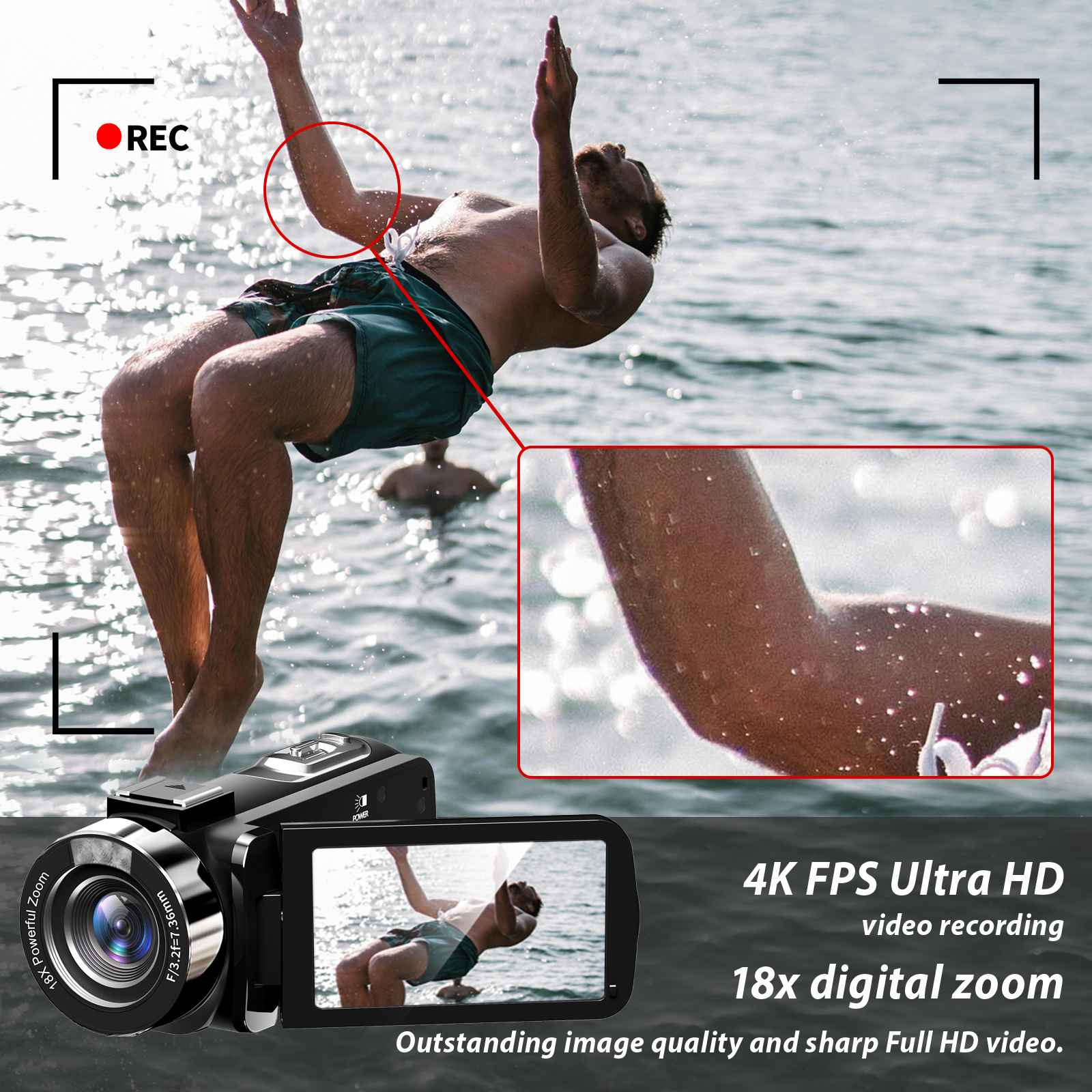 Ein Mann springt ins Wasser. Im Vordergrund befindet sich eine Kamera. Die Kamera zeigt den springenden Mann. Es gibt Text auf dem Bild.