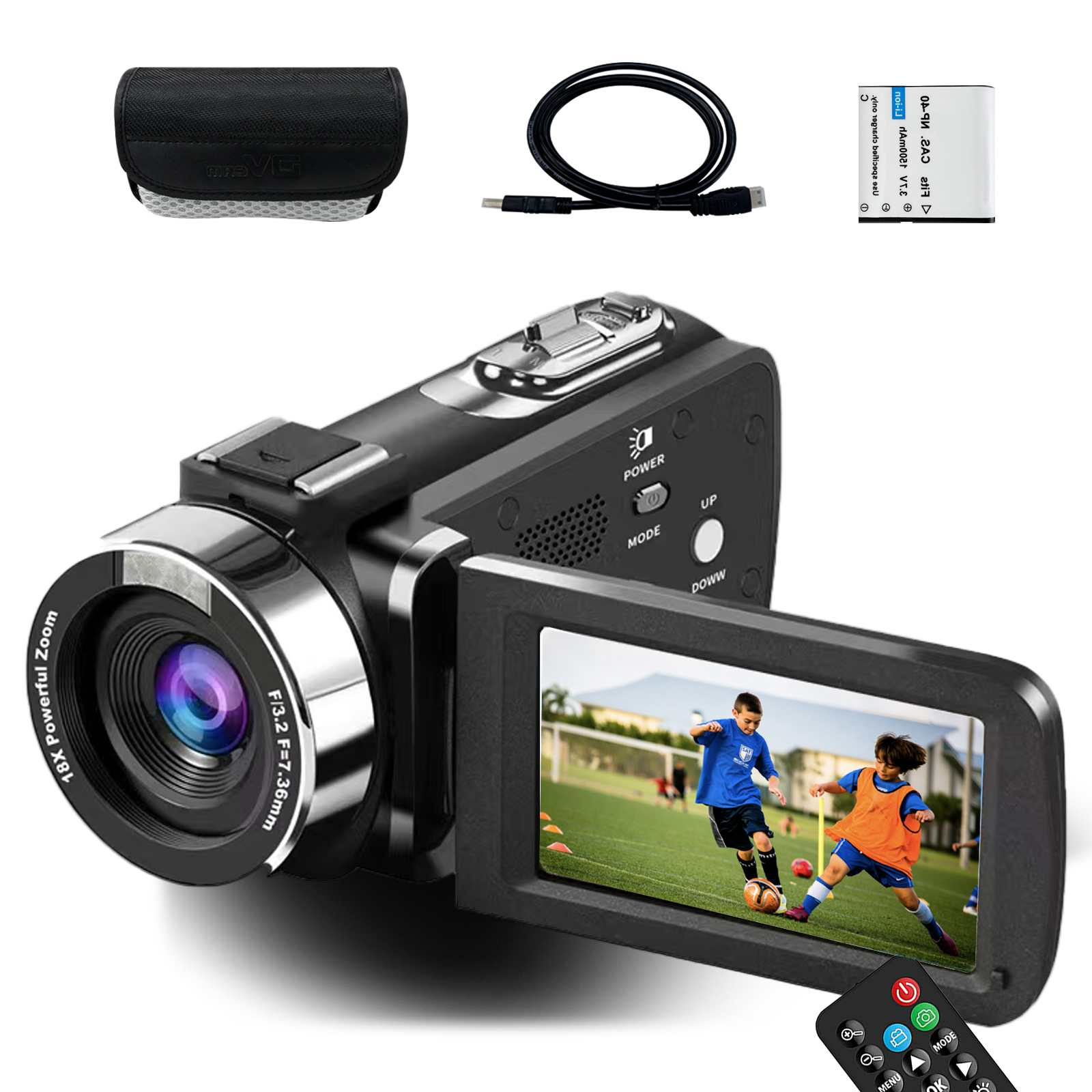 Eine schwarze Camcorder mit einem Bildschirm, auf dem zwei Jungen Fußball spielen, mit Zubehör.