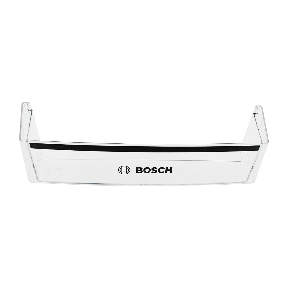 Eine transparente Kühlschublade mit schwarzem Streifen und Bosch-Logo auf grünem Hintergrund.