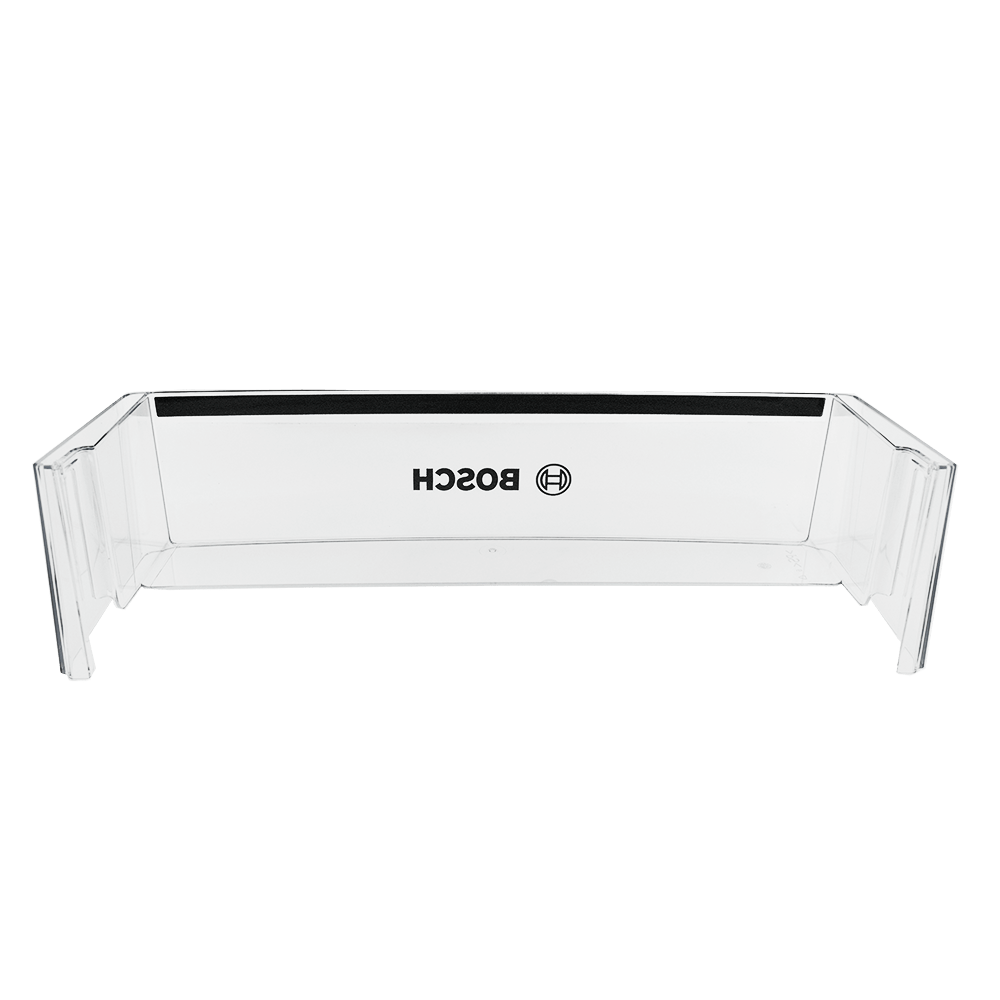 Ein durchsichtiges Bosch-Kühlschrankregal mit Markenlogo und schwarzem Streifen auf grünem Hintergrund.