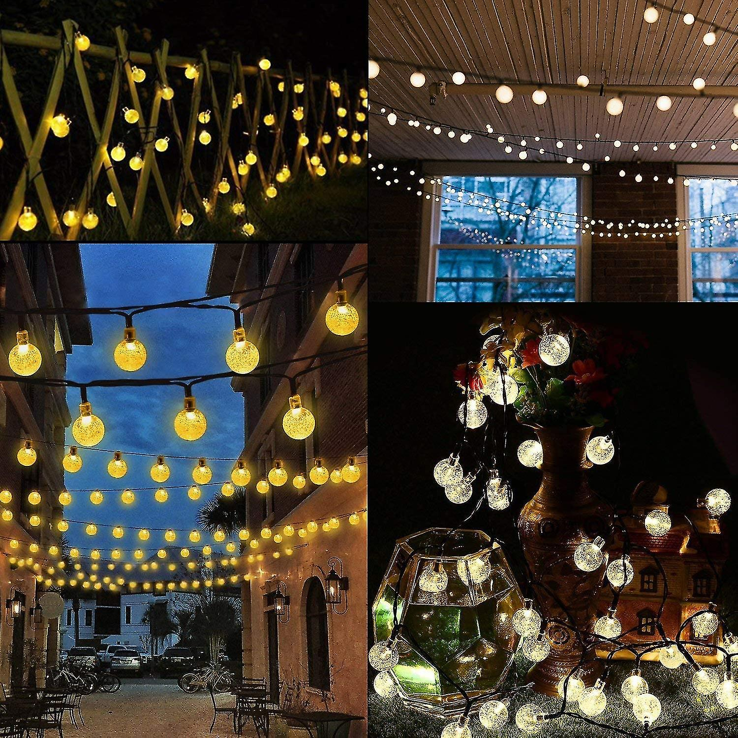 Das Bild zeigt verschiedene dekorative Lichterketten. Einige sind an Zäunen, andere drinnen und einige in einer Gasse. Alle Lichter leuchten.