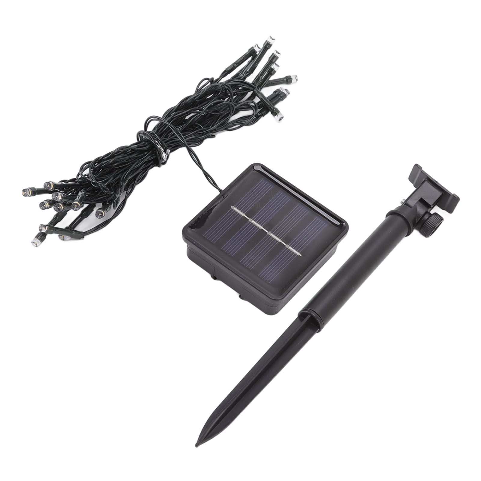 Solarbetriebene Lichterkette mit Solarpanel, Erdspieß und einem Bündel schwarzer Drähte mit kleinen, klaren Lichtern.