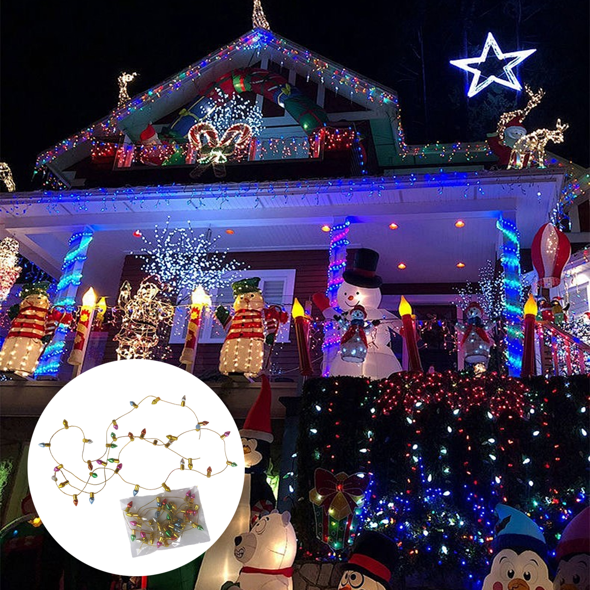 Ein Haus mit Weihnachtsbeleuchtung geschmückt. Schneemänner, Kerzen und ein Stern. Einsatz: Lichterketten.
