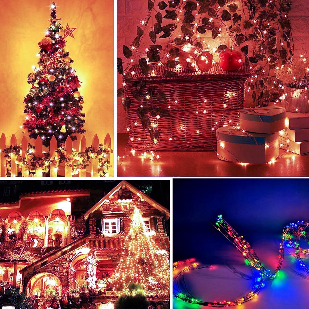 Collage festlicher Weihnachtsbeleuchtung an Baum, Korb, Haus und bunter Lichterkette.