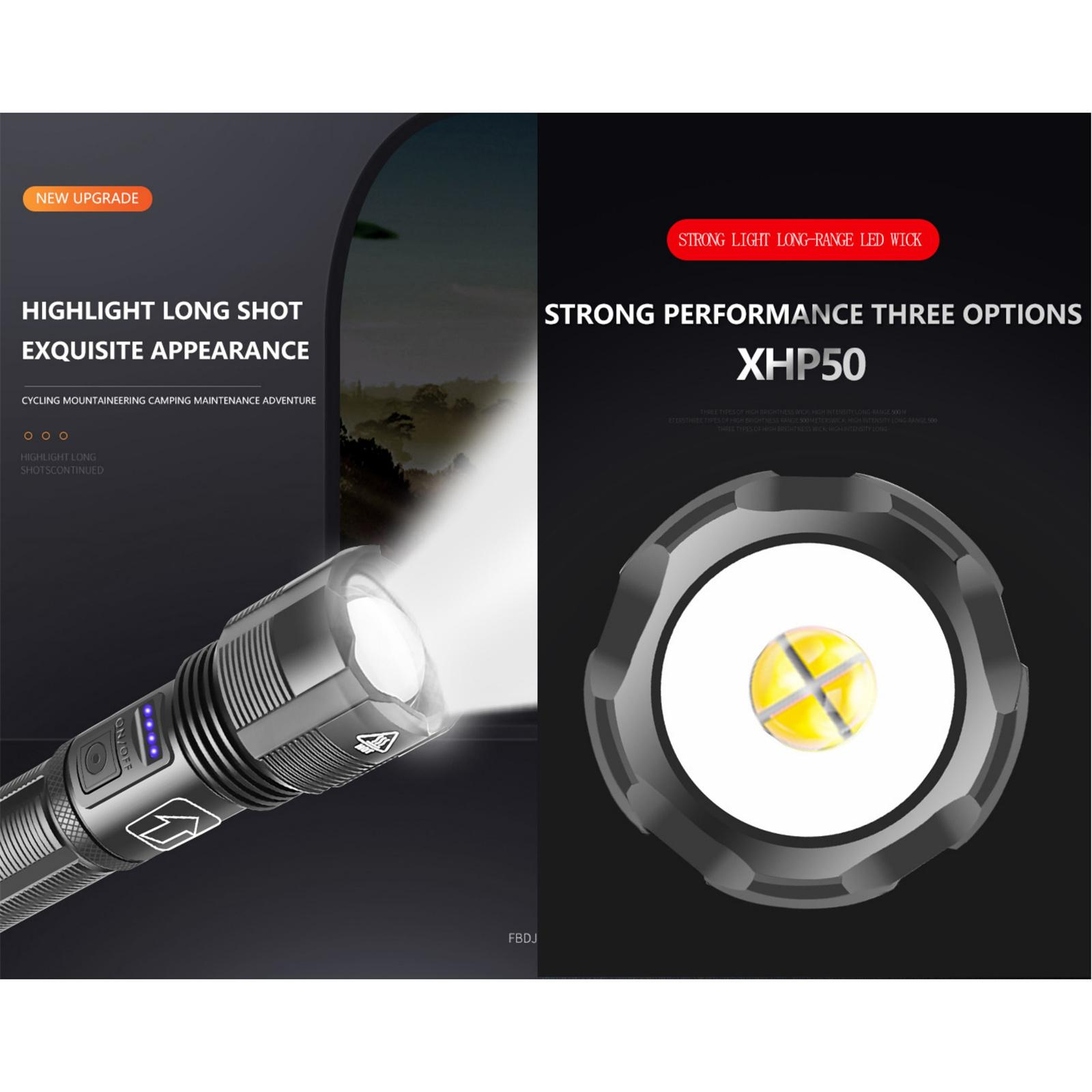 Werbung für eine Taschenlampe mit hellem Licht. Links ist die Taschenlampe, rechts die Glühbirne zu sehen.