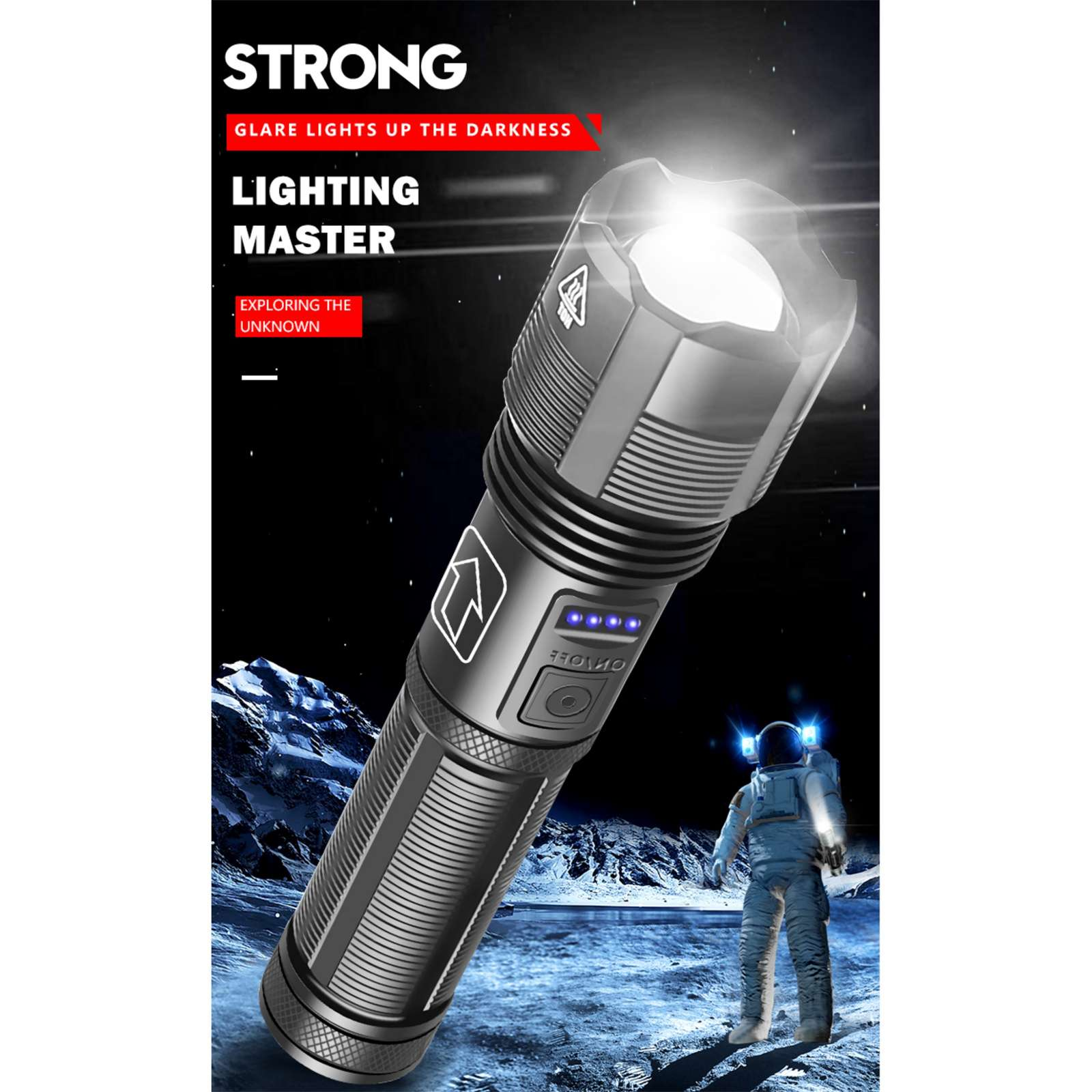 Eine Taschenlampe mit hellem Strahl beleuchtet eine Weltraumszene mit einem Astronauten auf einer Mondoberfläche.