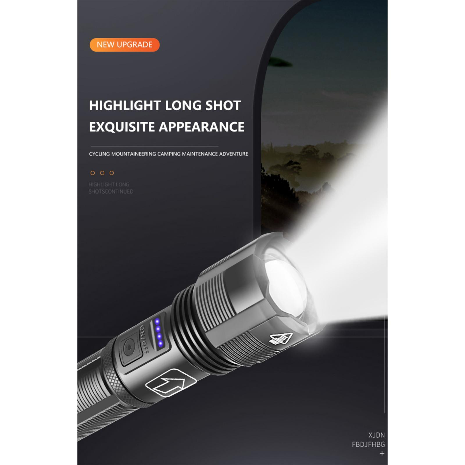 Eine Taschenlampe mit hellem Strahl. Text: 'New Upgrade', 'Highlight Long Shot'. Die Taschenlampe hat einen Knopf und blaue Lichter.