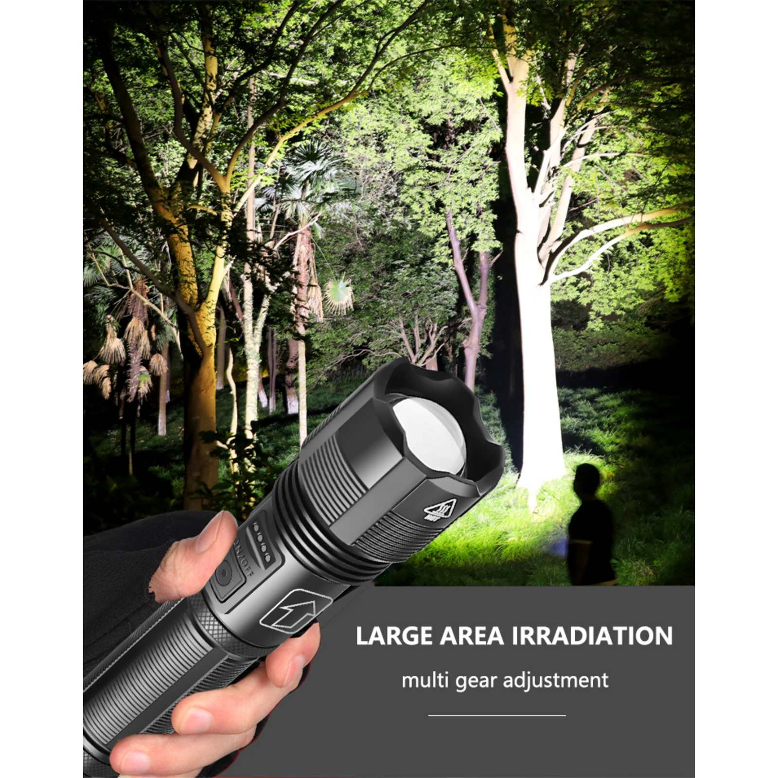 Eine Hand hält eine Taschenlampe, die nachts einen Wald beleuchtet. Bäume sind im Hintergrund, und eine Person ist silhouettiert.