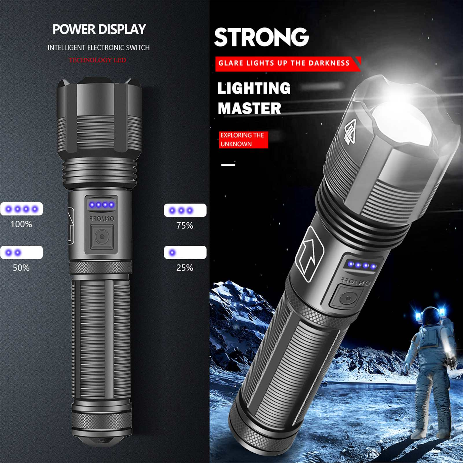 Eine leistungsstarke Taschenlampe auf dunklem Hintergrund mit einem Astronauten, die Leistungsstufen und Funktionen zeigt.