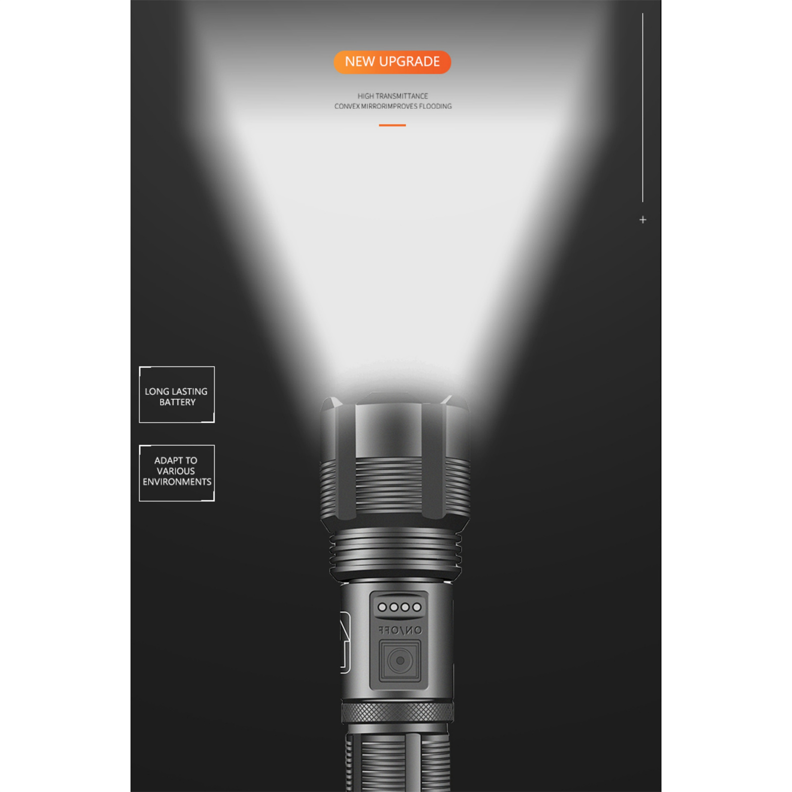 Eine Taschenlampe mit hellem Strahl, grauem Gehäuse und Bedienelementen. Text-Overlay: New Upgrade, Long Lasting Battery.