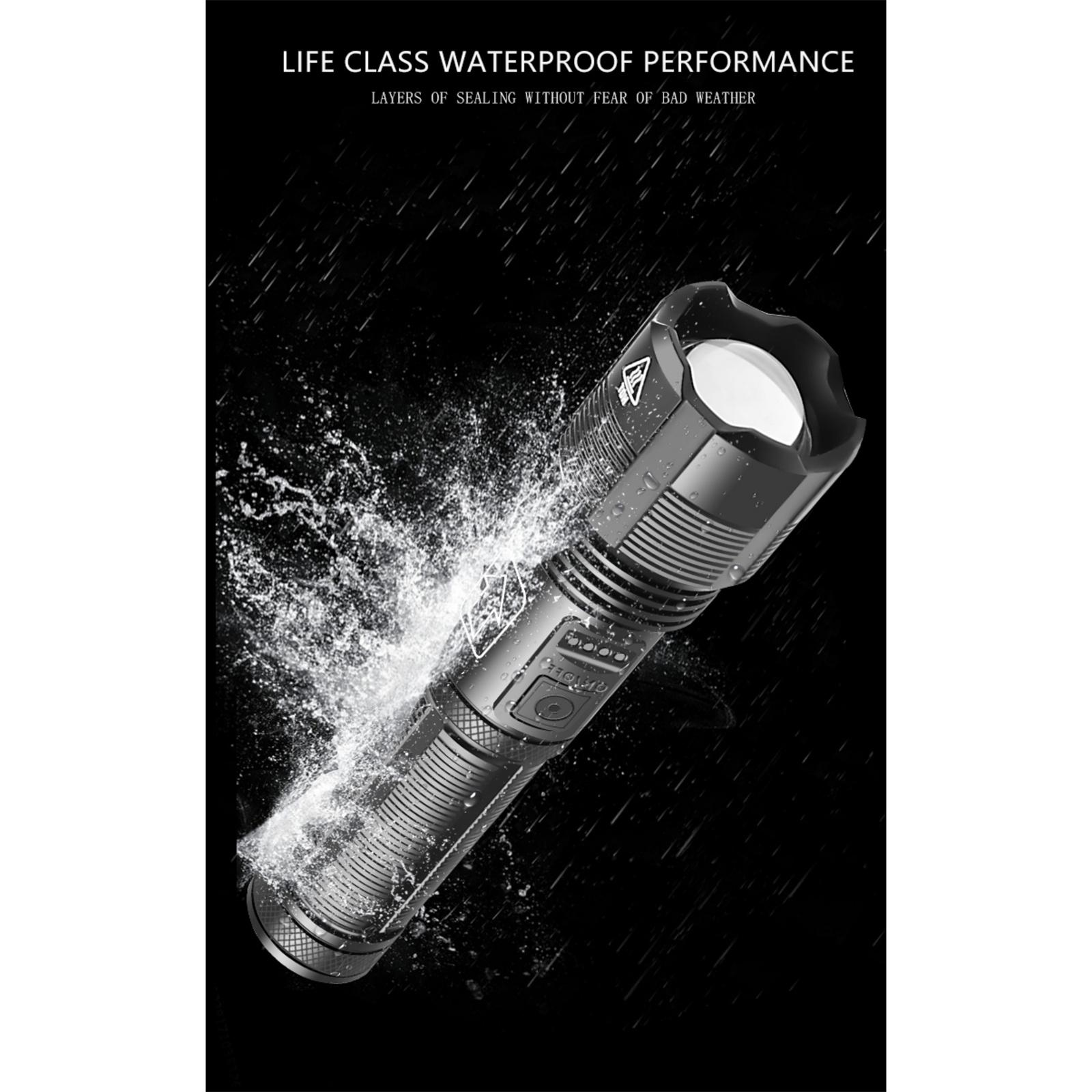 Eine schwarze Taschenlampe mit Wasserspritzern. Der Text oben sagt wasserdichte Leistung.