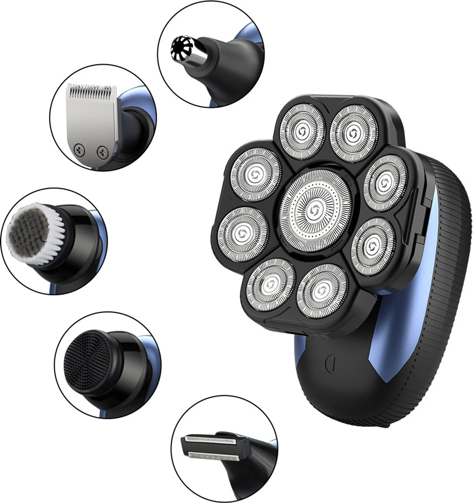 Ein Multi-Head-Pflegeset. Es verfügt über mehrere Aufsätze zum Rasieren, Trimmen und Reinigen, in Schwarz und Blau.