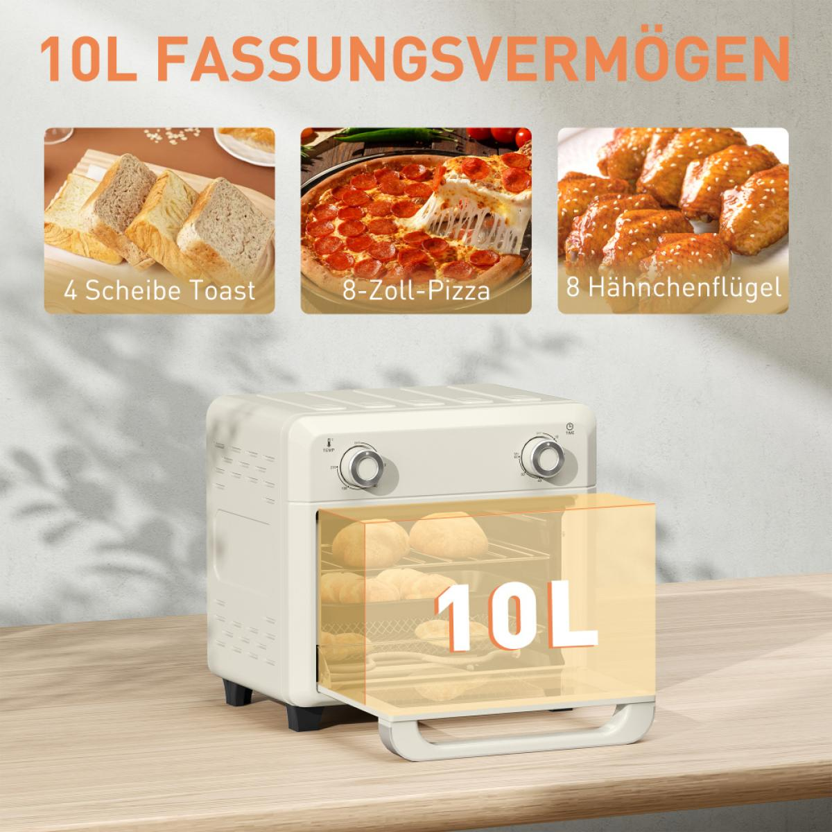 Ein Luftfritteuse mit Lebensmittelproben: Toast, Pizza und Hähnchenflügel. Die Kapazität beträgt 10L. Der Frittierer steht auf einem Holztisch.