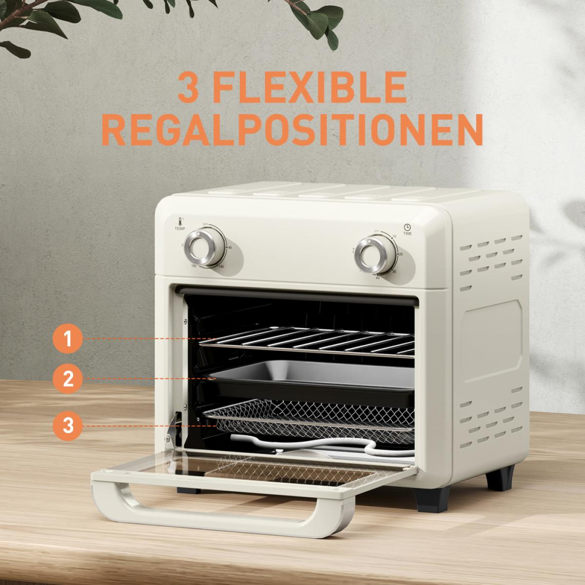 Ein cremefarbener Ofen mit offener Tür, der drei Ebenen für Lebensmittel zeigt. Knöpfe für Temperatur und Zeit sind sichtbar.