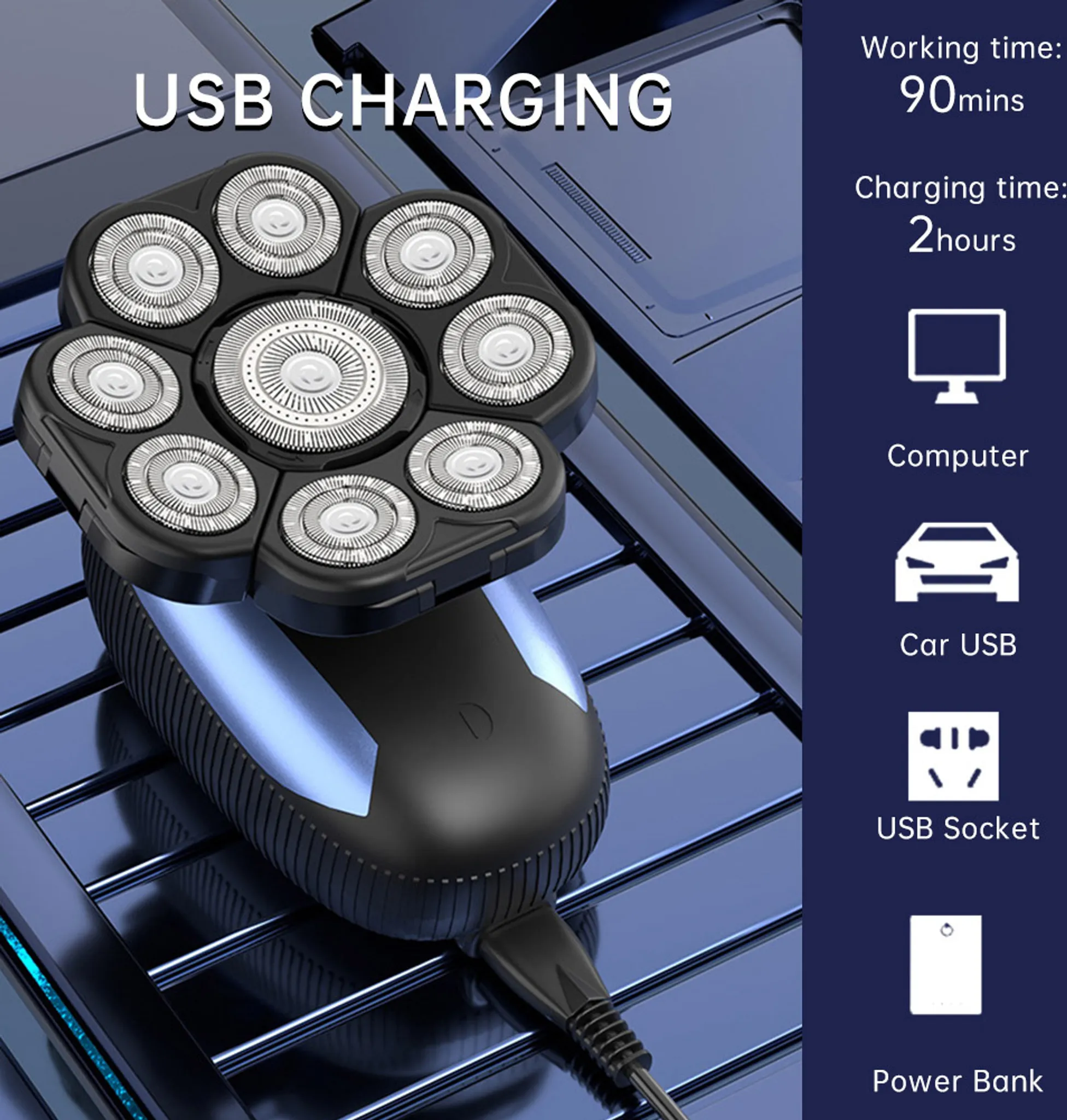 Schwarzer Elektrorasierer mit sieben Köpfen, einem Ladekabel und USB-Ladeoptionen.