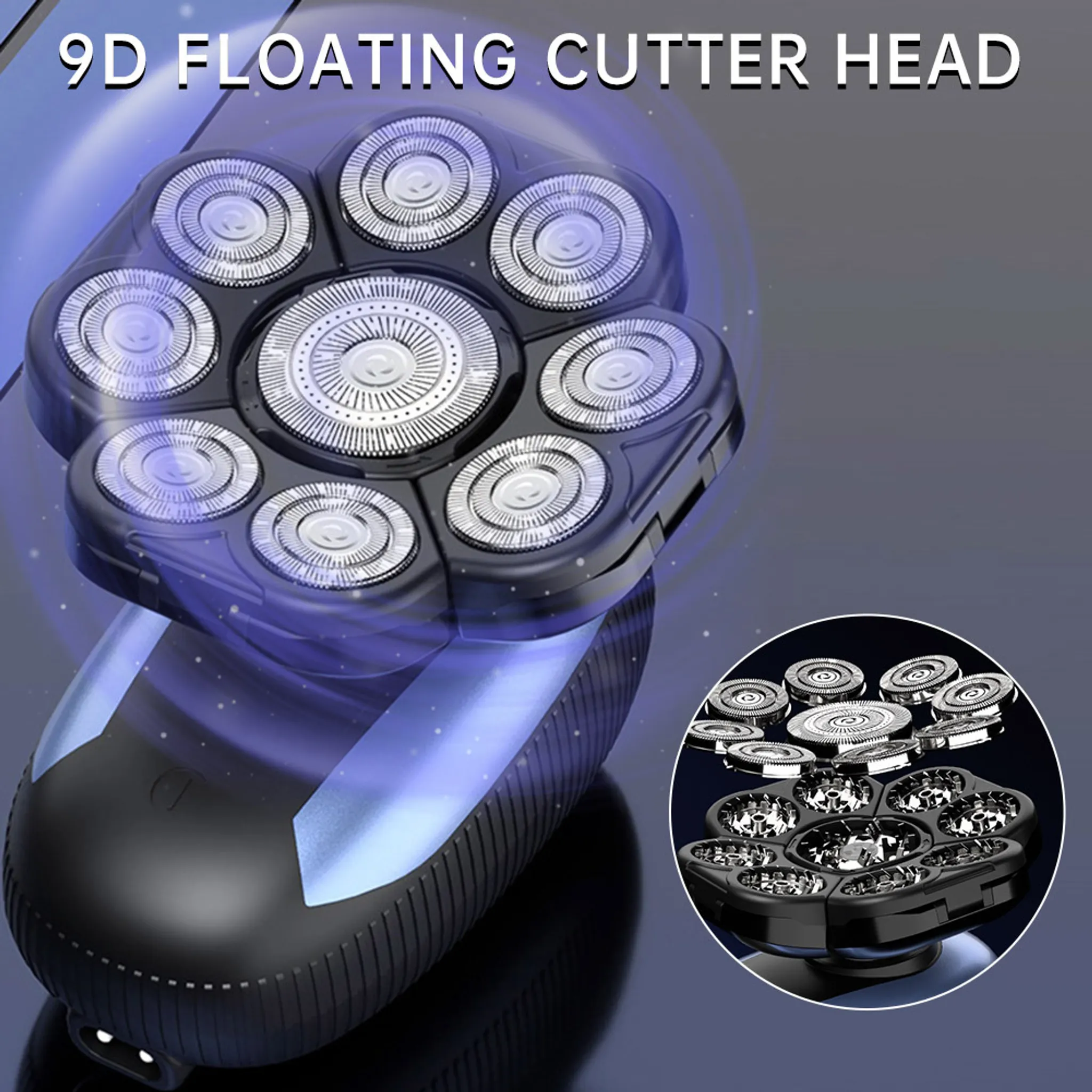 Ein schwarzer und blauer 9D-Floating-Cutter-Head-Elektro-Rasierer. Der Kopf hat neun kreisförmige Klingen. Der Einsatz zeigt die Klingen.