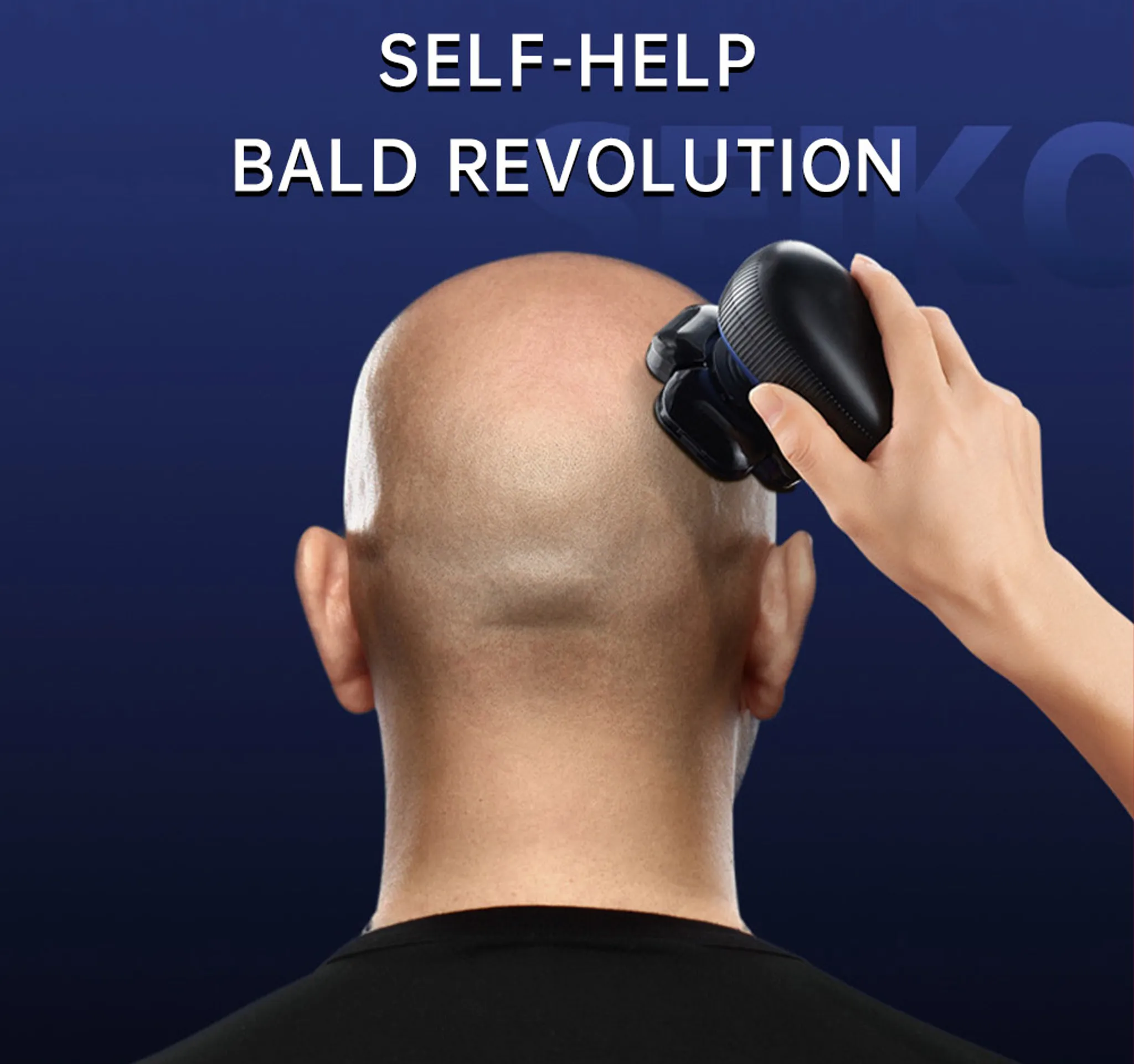 Eine Person rasiert einen kahlen Kopf mit einem Elektrorasierer. Der Text lautet "SELF-HELP BALD REVOLUTION" vor blauem Hintergrund.