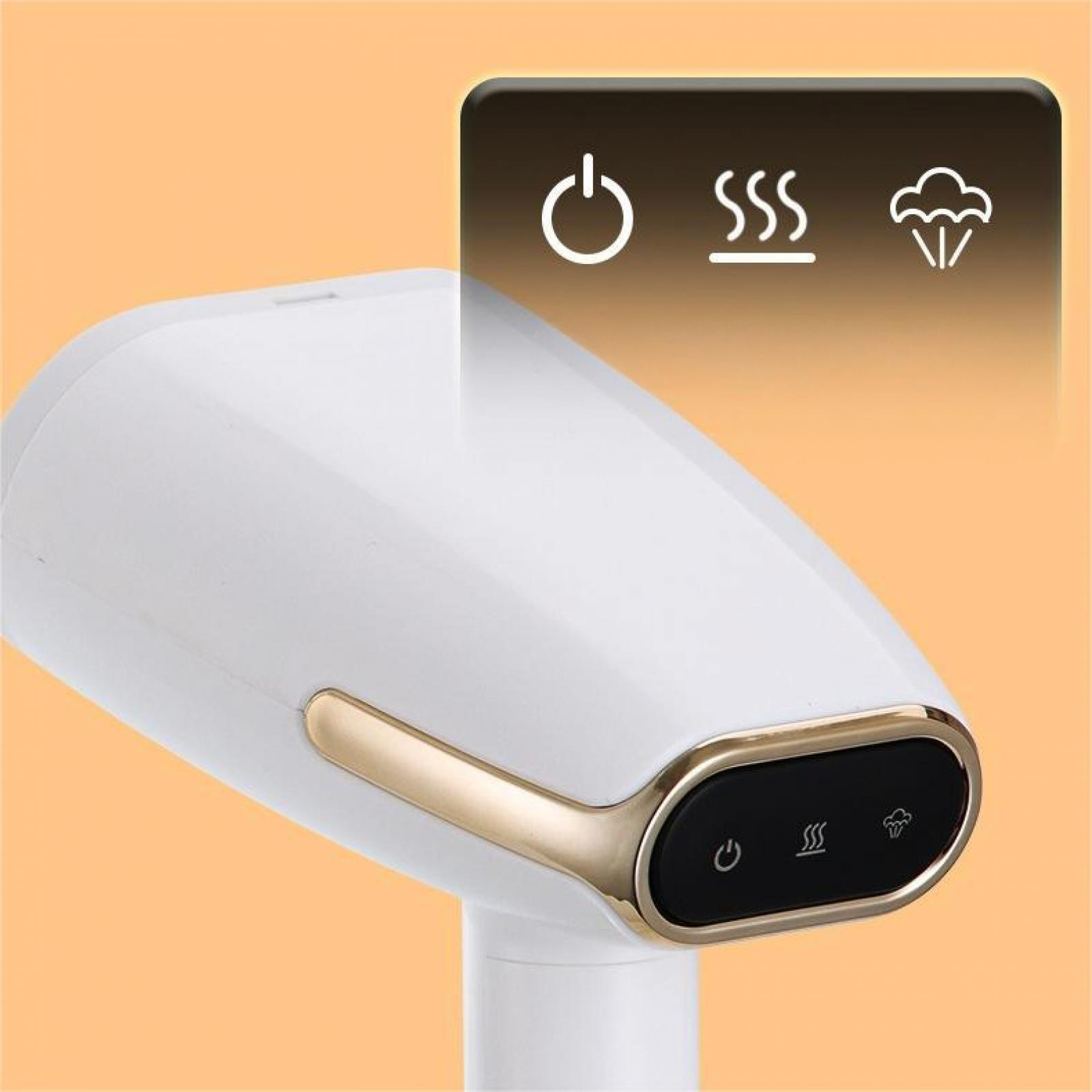 Ein weißes Gerät mit goldenem Rand. Das Gerät hat Symbole für Strom, Dampf und andere Funktionen. Der Hintergrund ist orange.