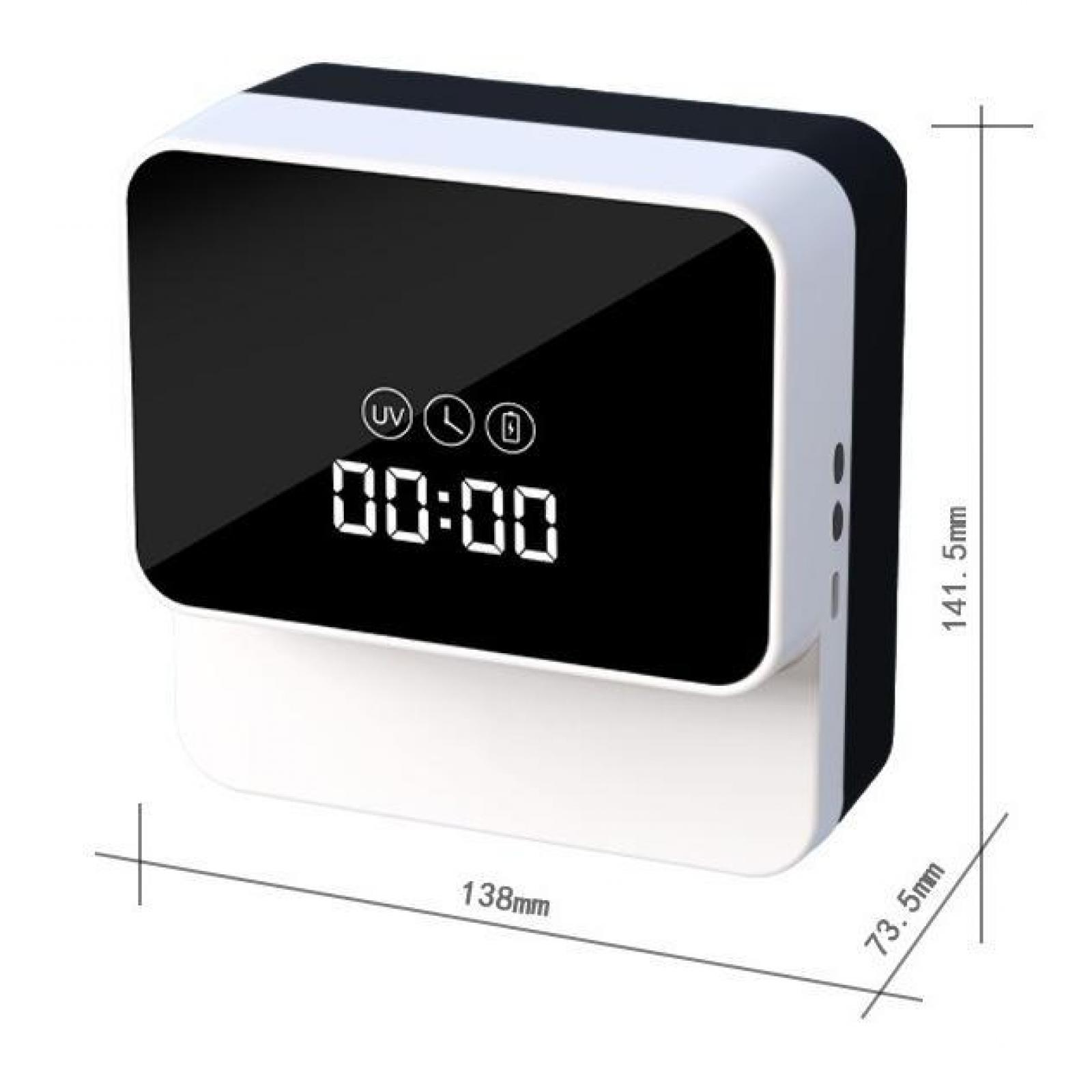 Ein weißes und schwarzes rechteckiges Gerät mit der Anzeige 00:00, UV-, Uhr- und Batteriesymbolen. Abmessungen sind angegeben.