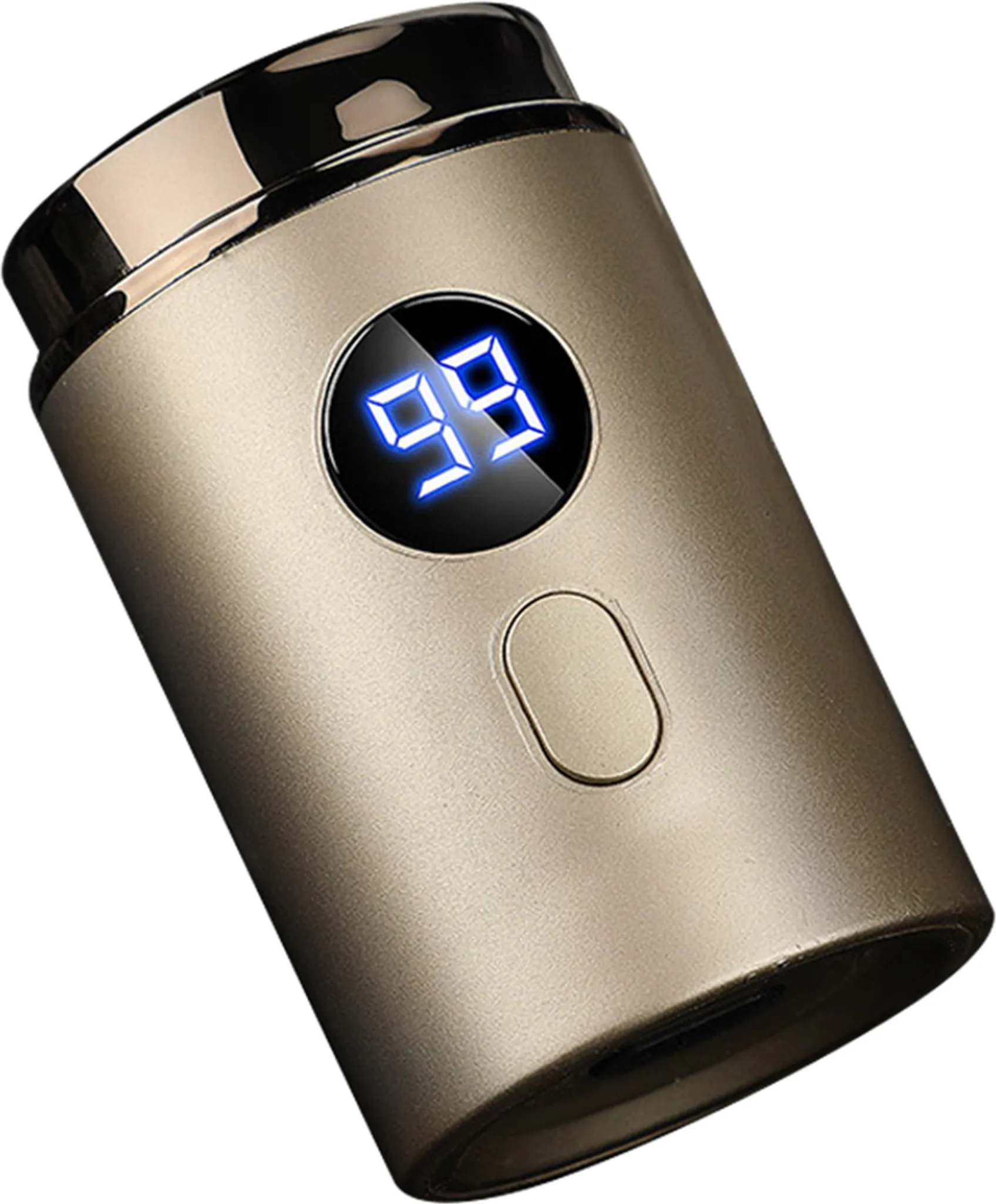 Ein goldfarbenes, zylindrisches Gerät mit Digitalanzeige '98'. Es hat einen Knopf und einen glänzenden schwarzen Deckel.