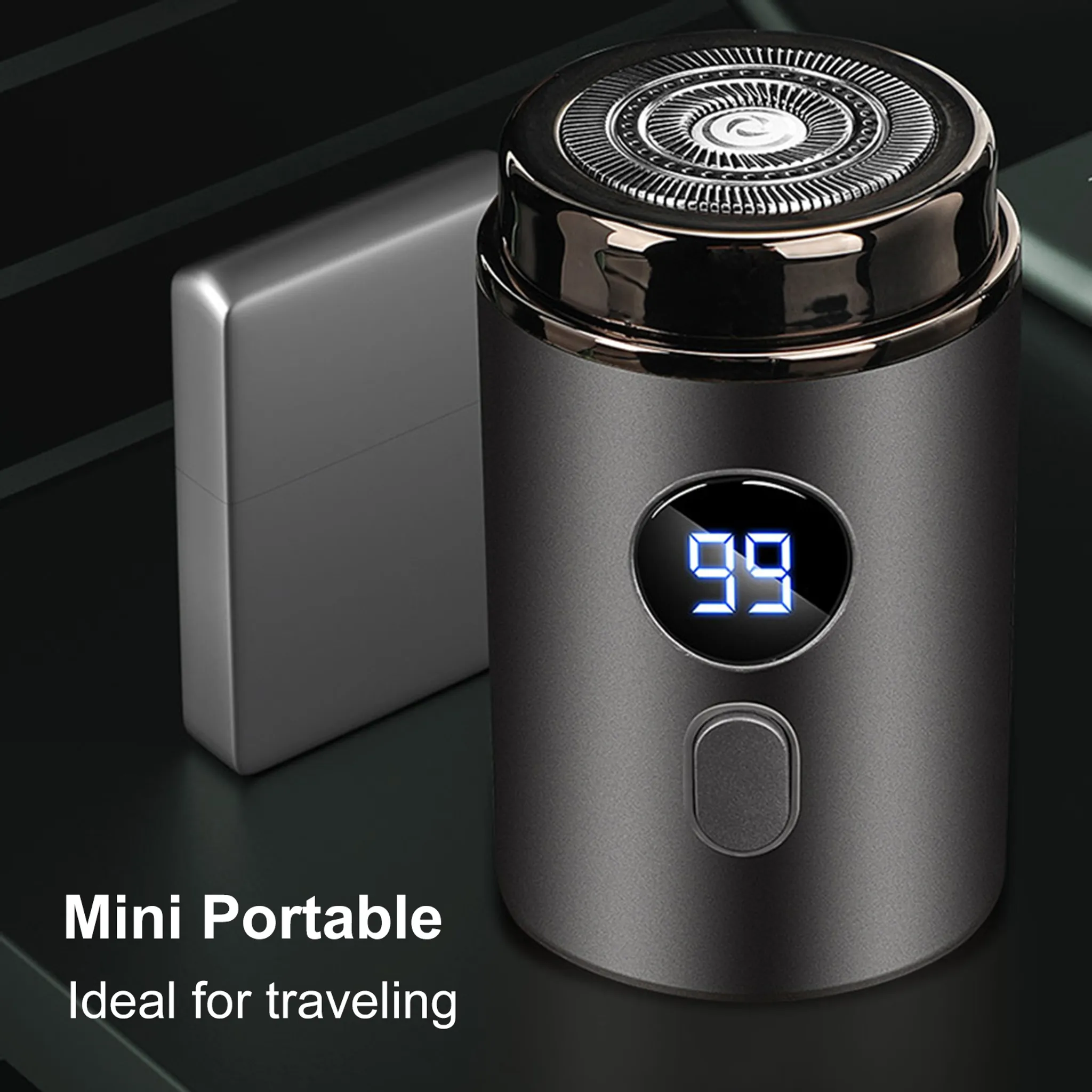 Grauer Elektrorasierer mit Digitalanzeige '99' und silbernem Etui. Text: Mini Portable, Ideal für unterwegs.