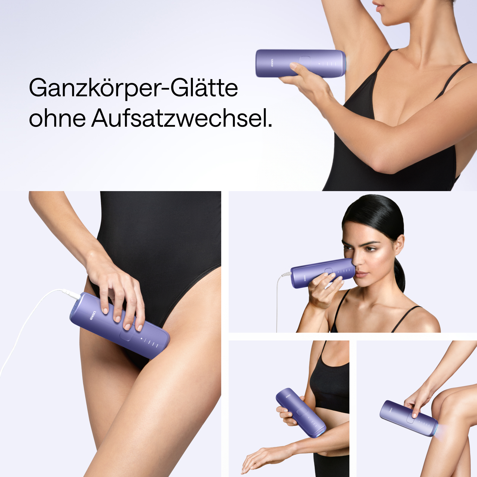 L'immagine mostra una donna che usa un dispositivo blu. Diverse immagini mostrano l'uso su diverse parti del corpo.