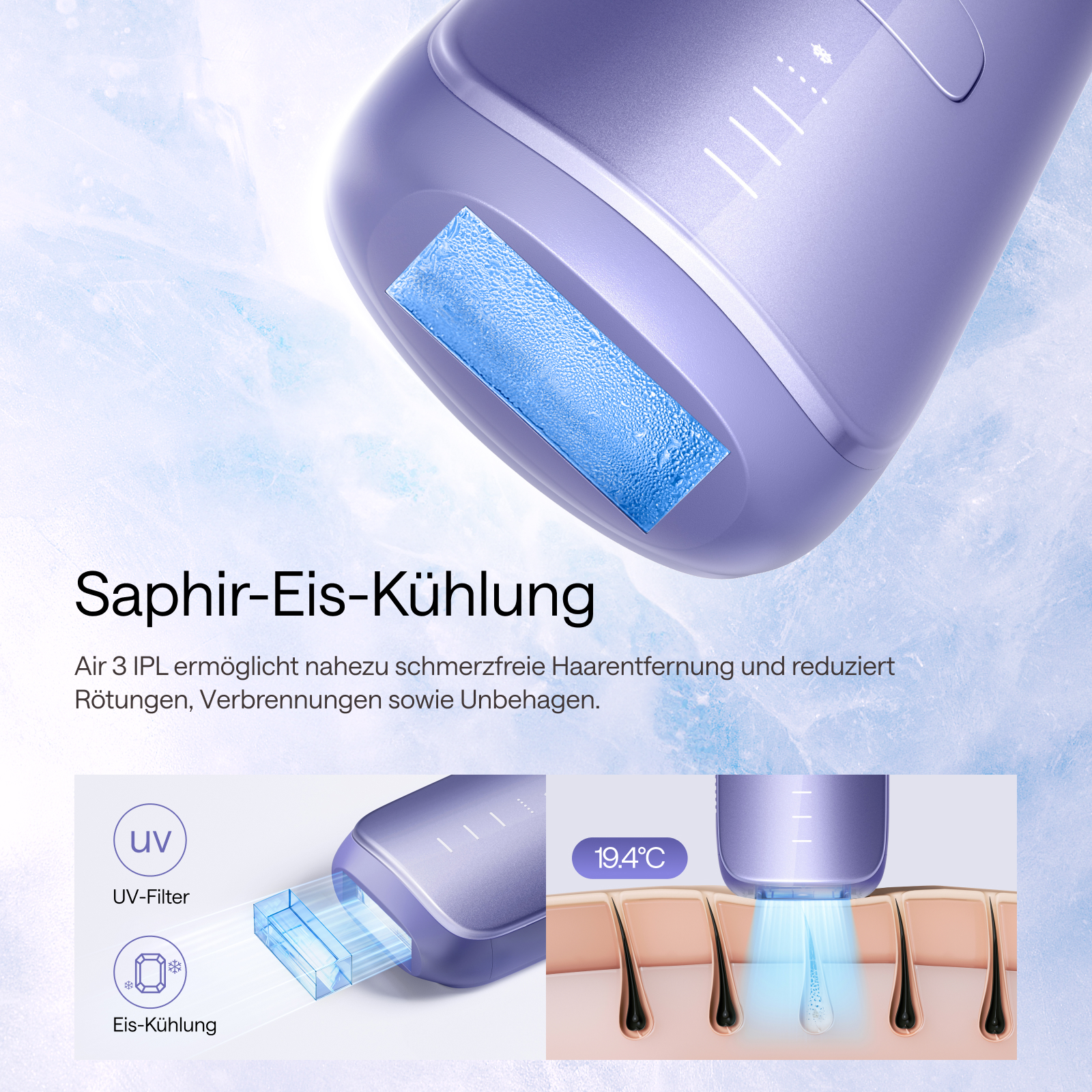 Un dispositivo IPL viola per la rimozione dei peli. Il testo include 'Saphir-Eis-Kühlung' e dettagli sulle sue caratteristiche, tra cui filtro UV e raffreddamento.