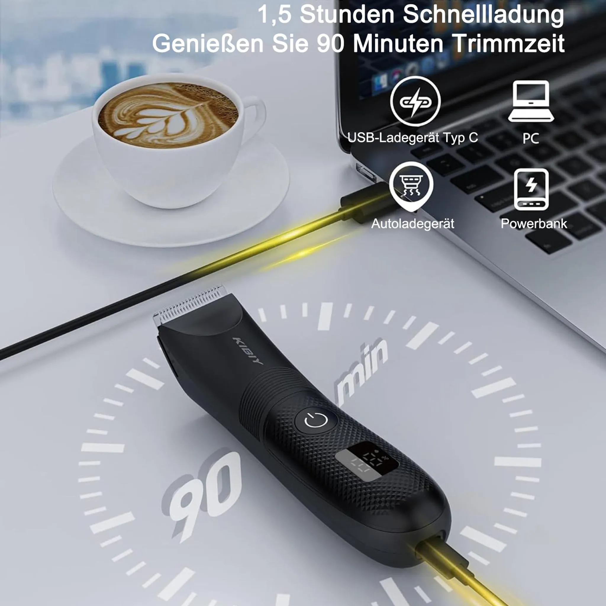 Ein schwarzer Trimmer ist mit einem Laptop verbunden. Eine Tasse Kaffee steht daneben. Text zeigt Lade- und Nutzungszeit.