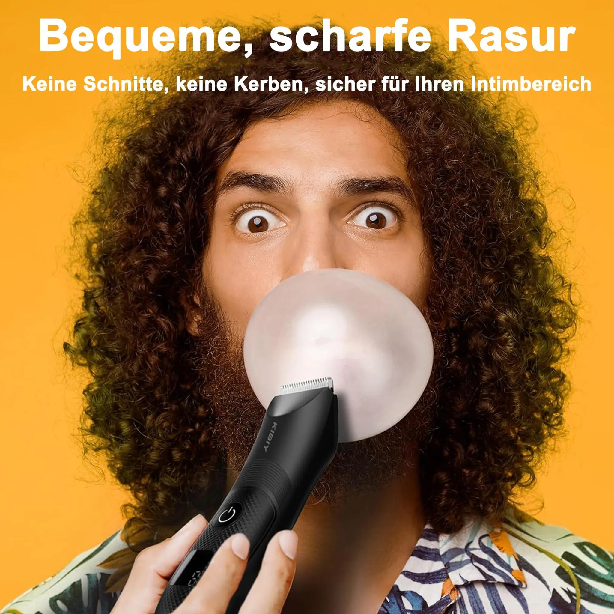 Mann mit Kaugummi, hält einen schwarzen Trimmer. Gelber Hintergrund mit deutschem Text.