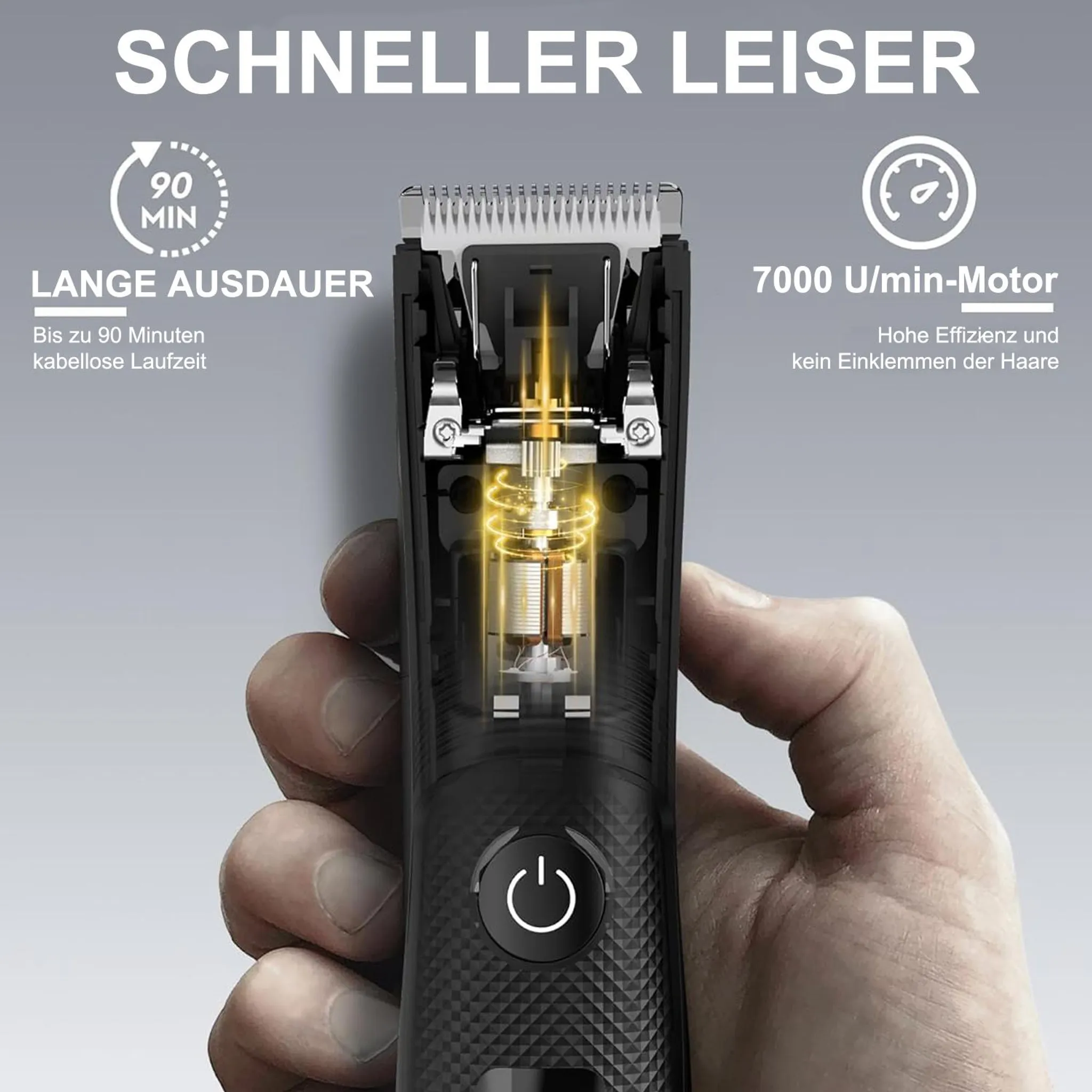 Eine Hand hält einen schwarzen Elektrorasierer und zeigt seinen inneren Mechanismus. Text hebt Funktionen wie lange Akkulaufzeit hervor.
