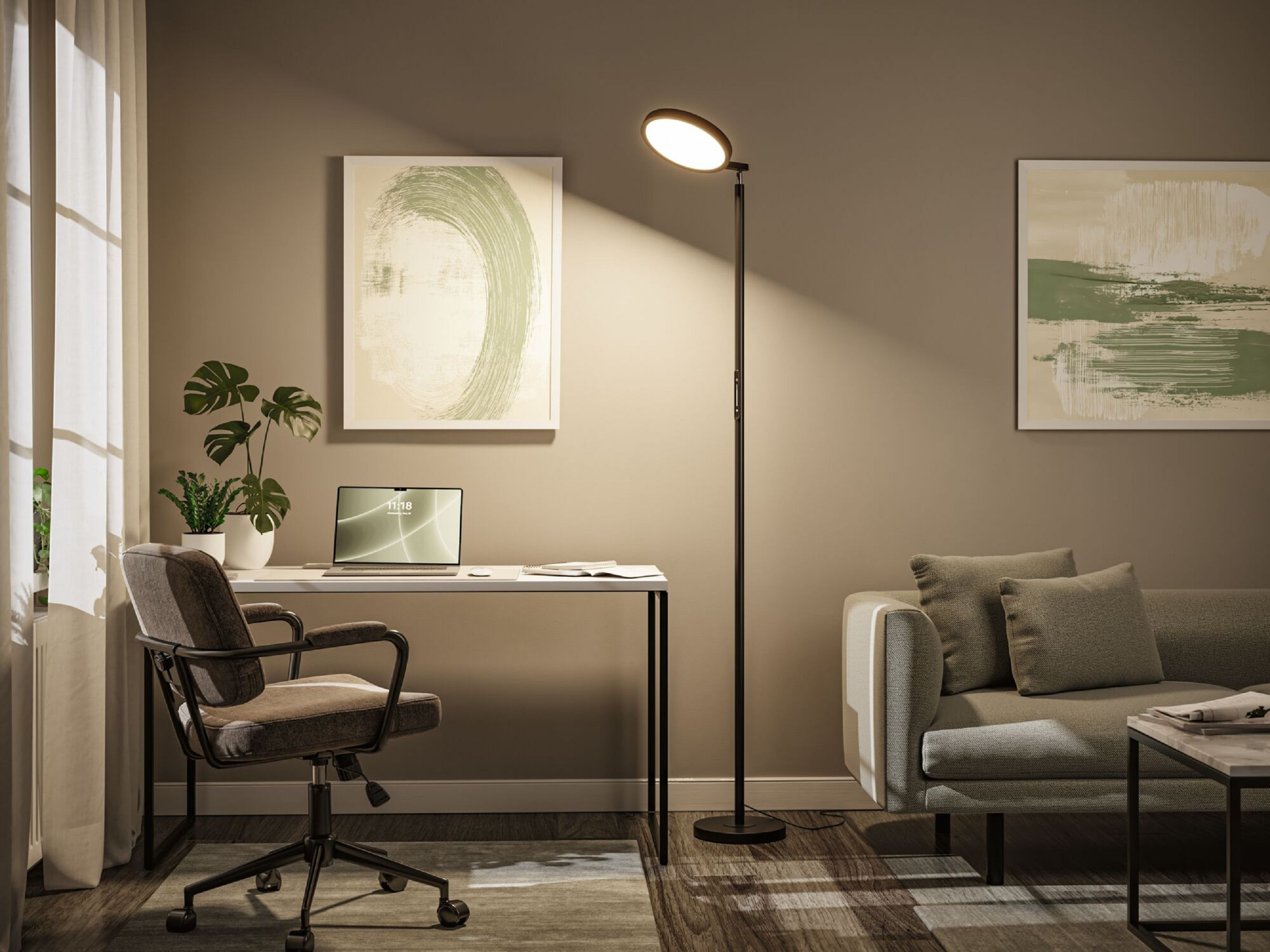 Nowoczesny salon z biurkiem, krzesłem, sofą, lampą i dziełami sztuki. Scena jest dobrze oświetlona.