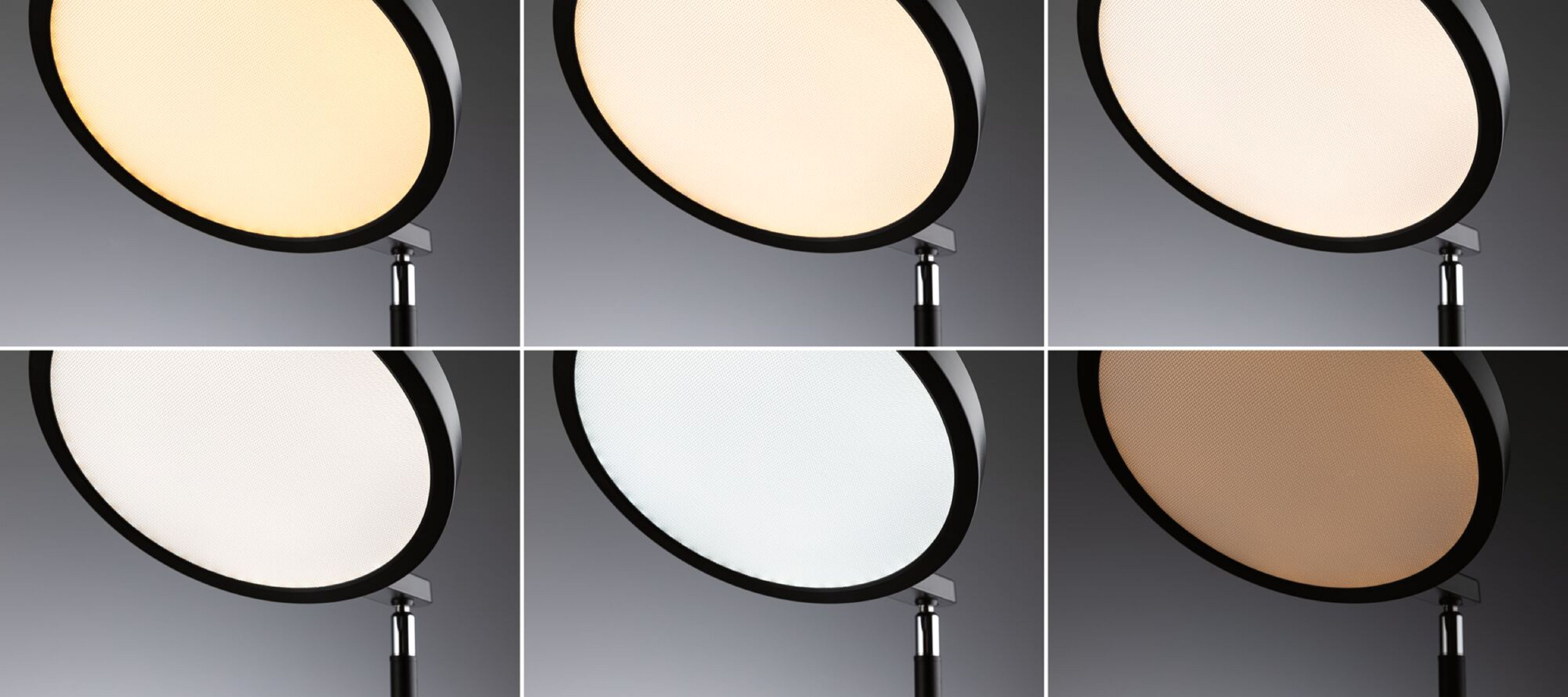 Sześć lamp studyjnych o różnych temperaturach barwowych. Każda lampa ma czarną ramę i stoi na czarnym słupie.