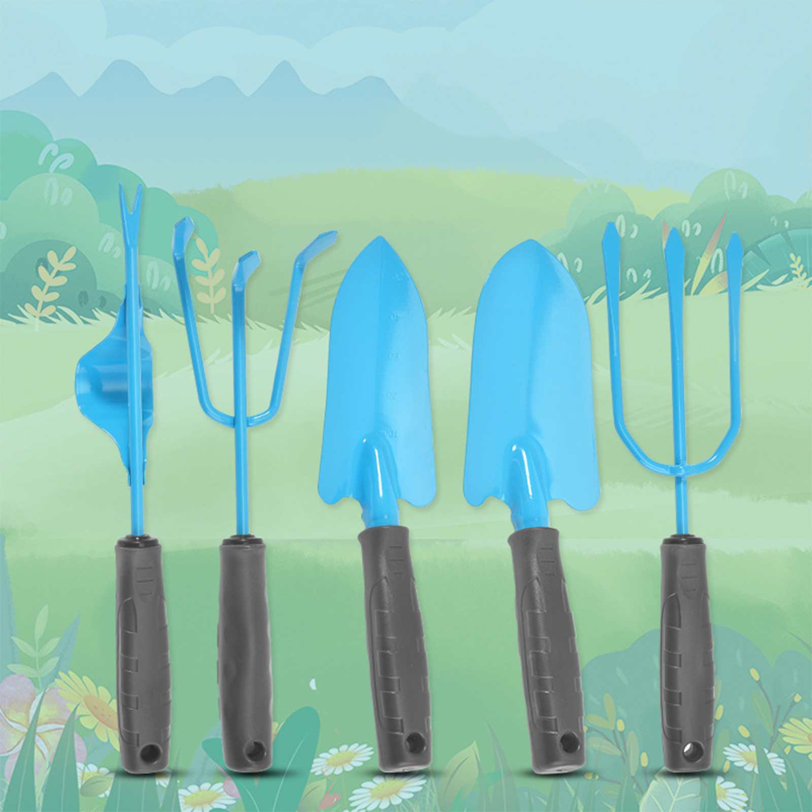 Blaue Gartengeräte mit grauen Griffen auf grünem Hintergrund. Enthält Kelle, Gabel, Handrechen und Schaufel.