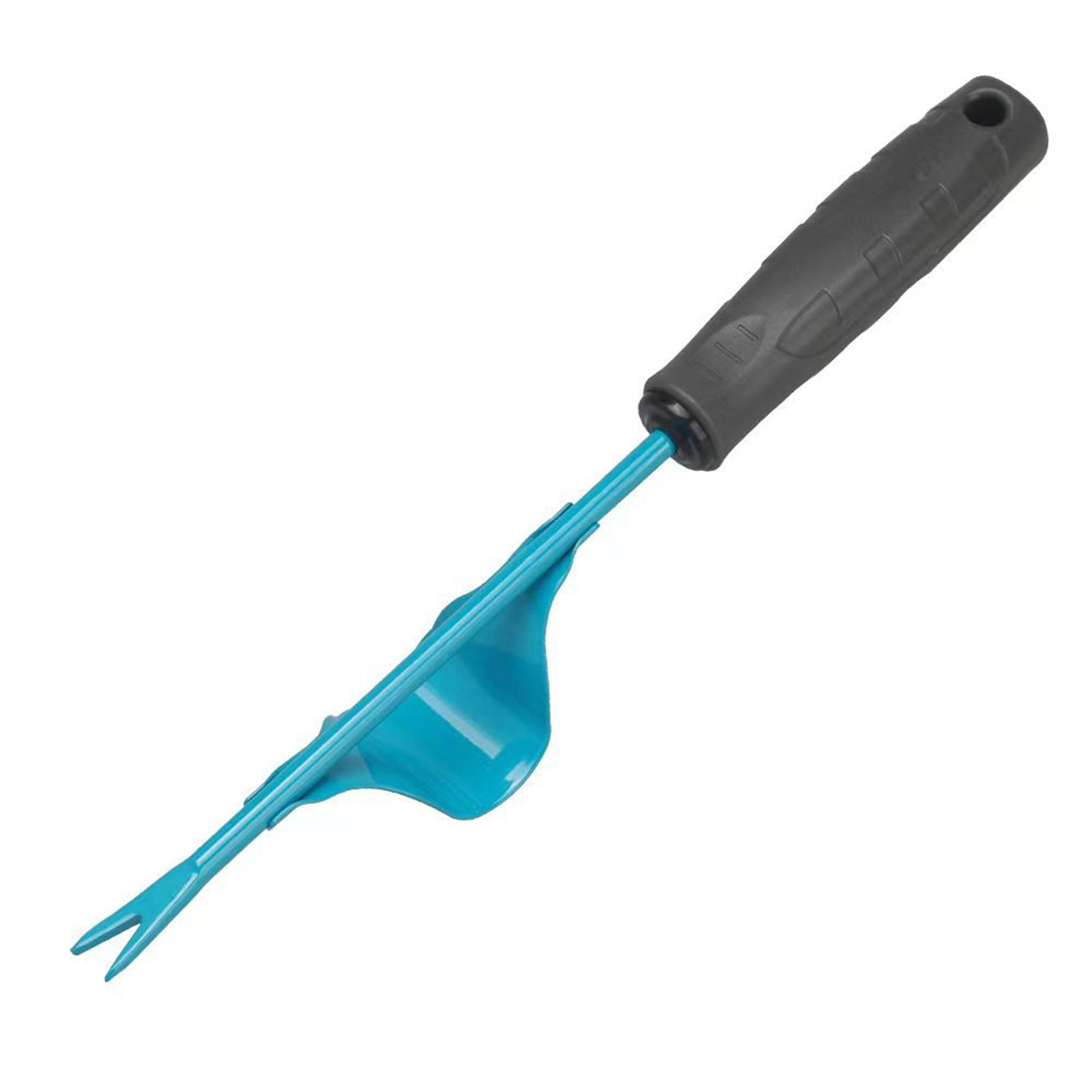 Ein blau-schwarzes Gartengerät mit gegabeltem Ende. Es befindet sich auf weißem Hintergrund.
