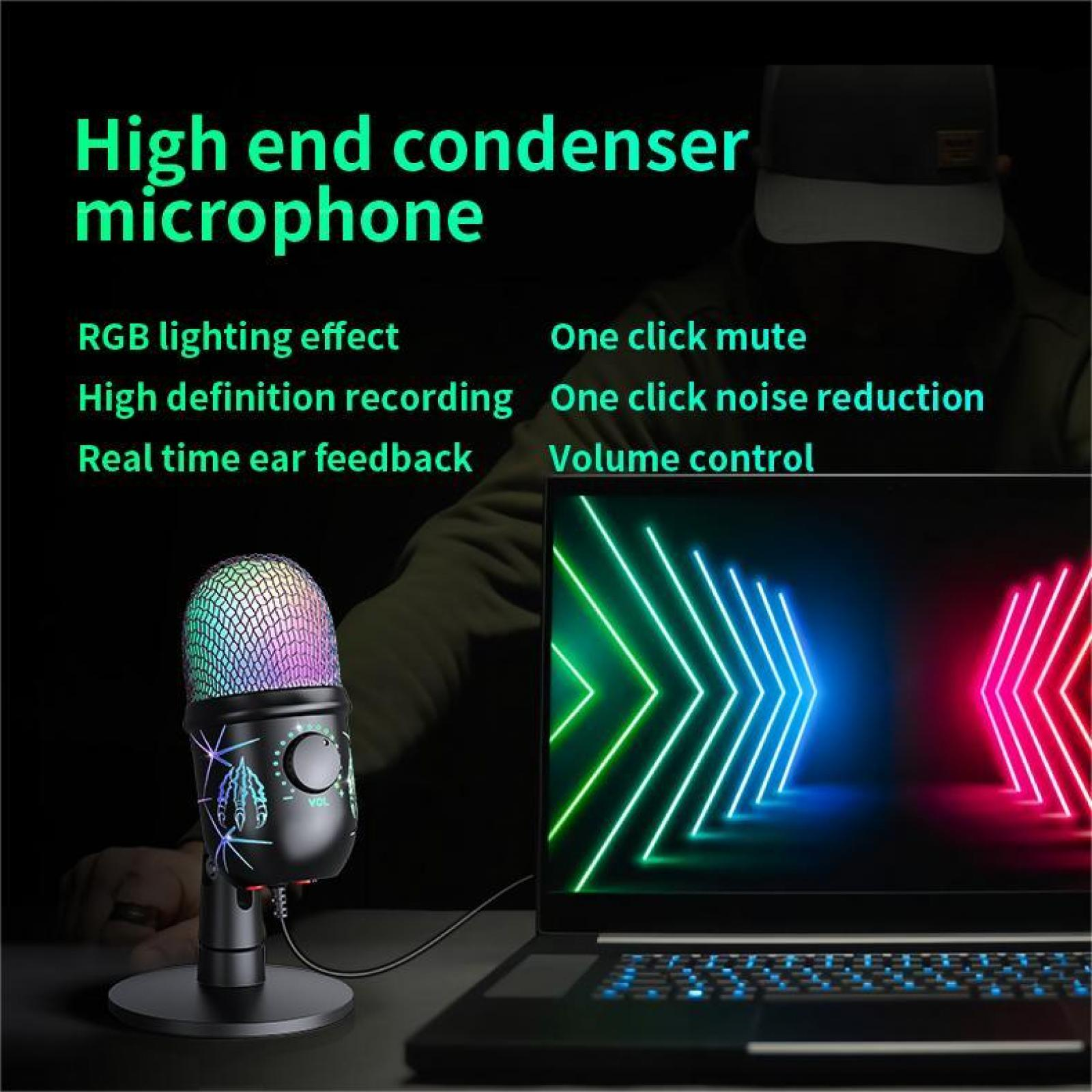 Ein Mikrofon mit RGB-Beleuchtung steht neben einem Laptop mit Neonlichtern. Text beschreibt die Funktionen des Mikrofons.