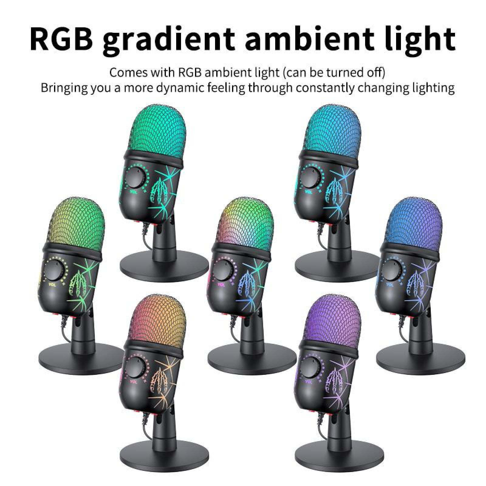 Sieben Mikrofone mit farbenfroher RGB-Beleuchtung auf weißem Hintergrund. Jedes hat einen Ständer und Lautstärkeregler.
