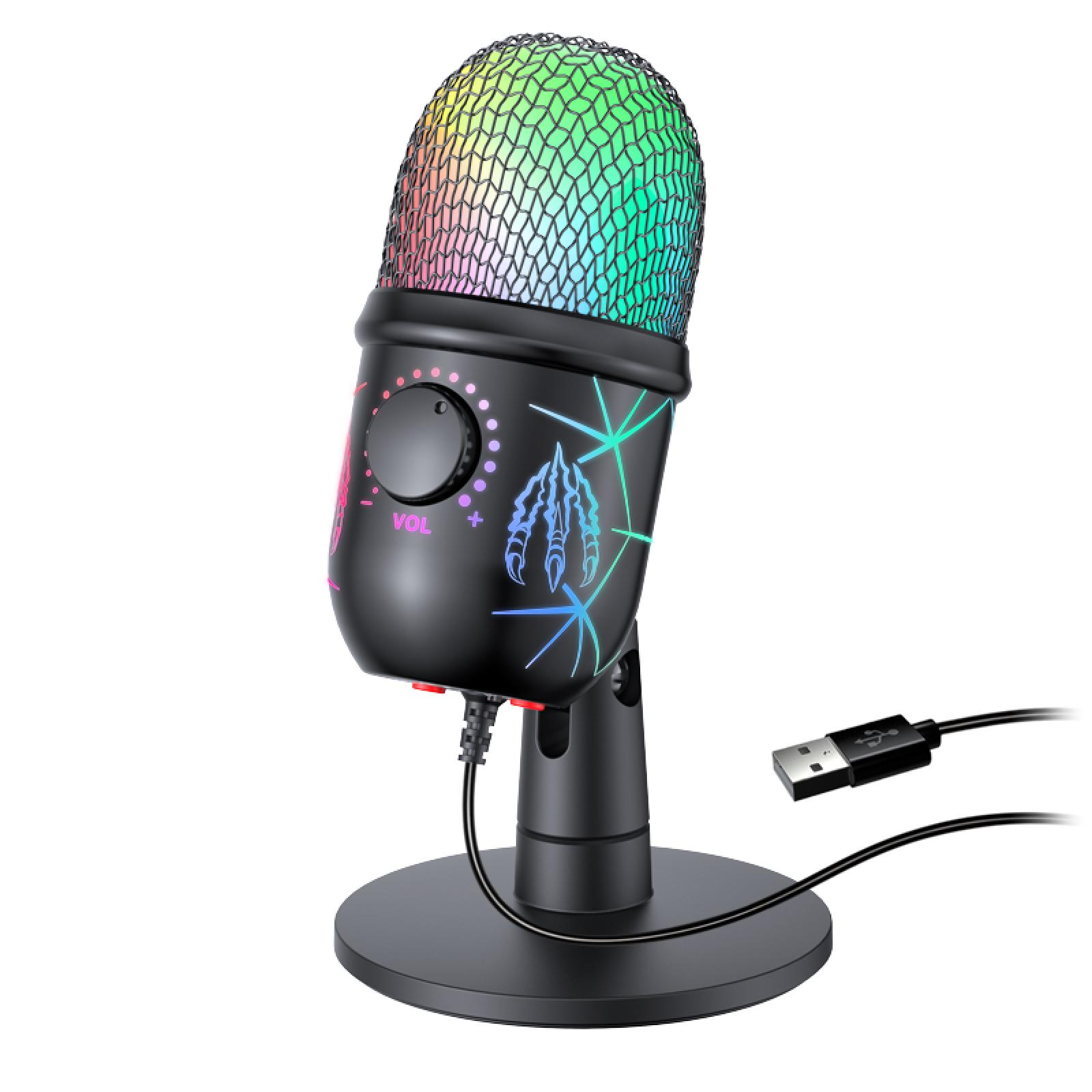 Schwarzes Mikrofon mit Regenbogen-LED-Grill und Ständer, einem Lautstärkeregler und einem klauenartigen Design. USB-Kabel ist angeschlossen.
