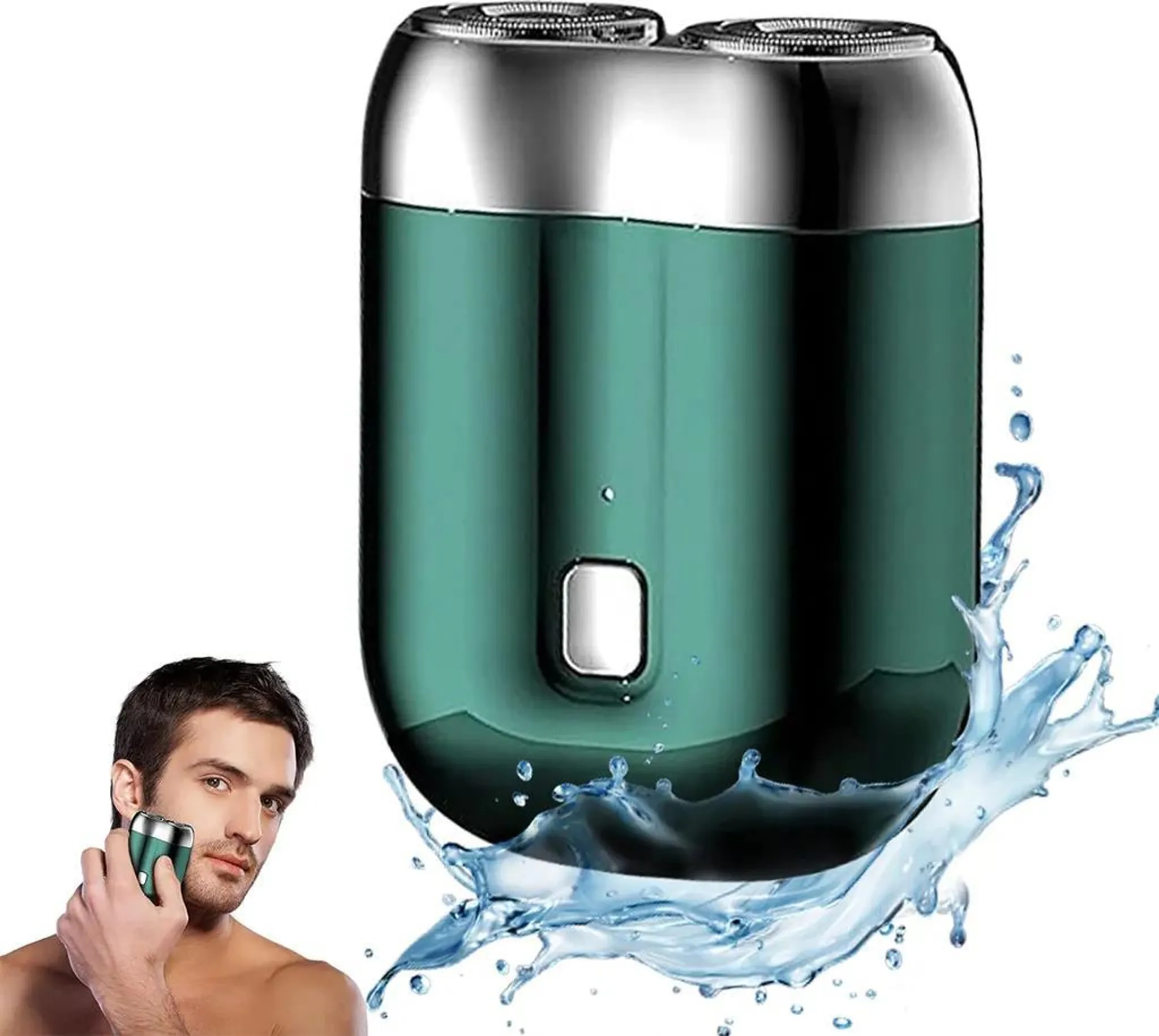 Ein grüner Elektrorasierer mit silbernem Oberteil. Ein Mann rasiert sich mit dem Rasierer die Wange. Wasserspritzeffekt.