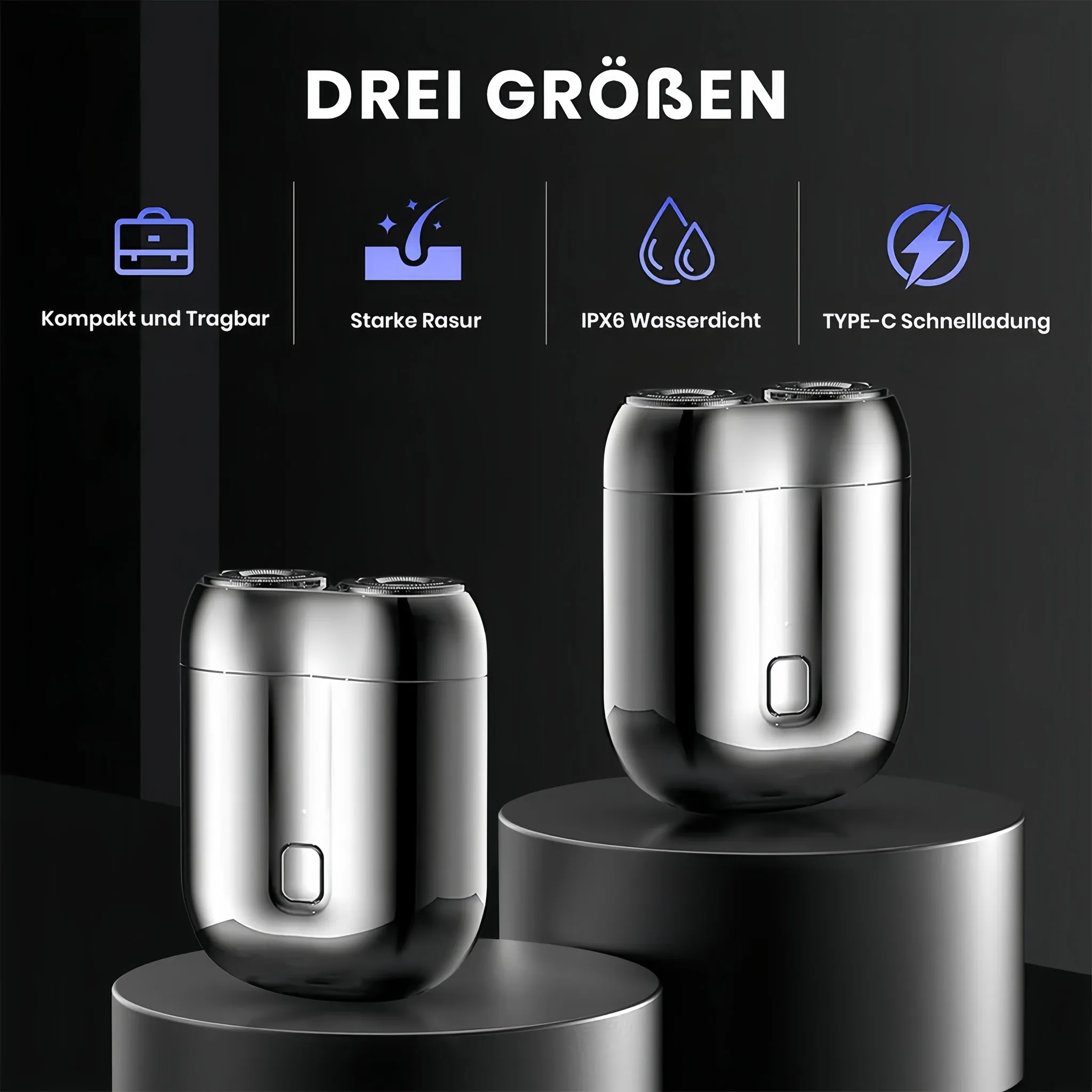 Zwei silberne Elektrorasierer auf einem Sockel. Der Hintergrund zeigt Produkteigenschaften wie wasserdicht und schnelles Laden.