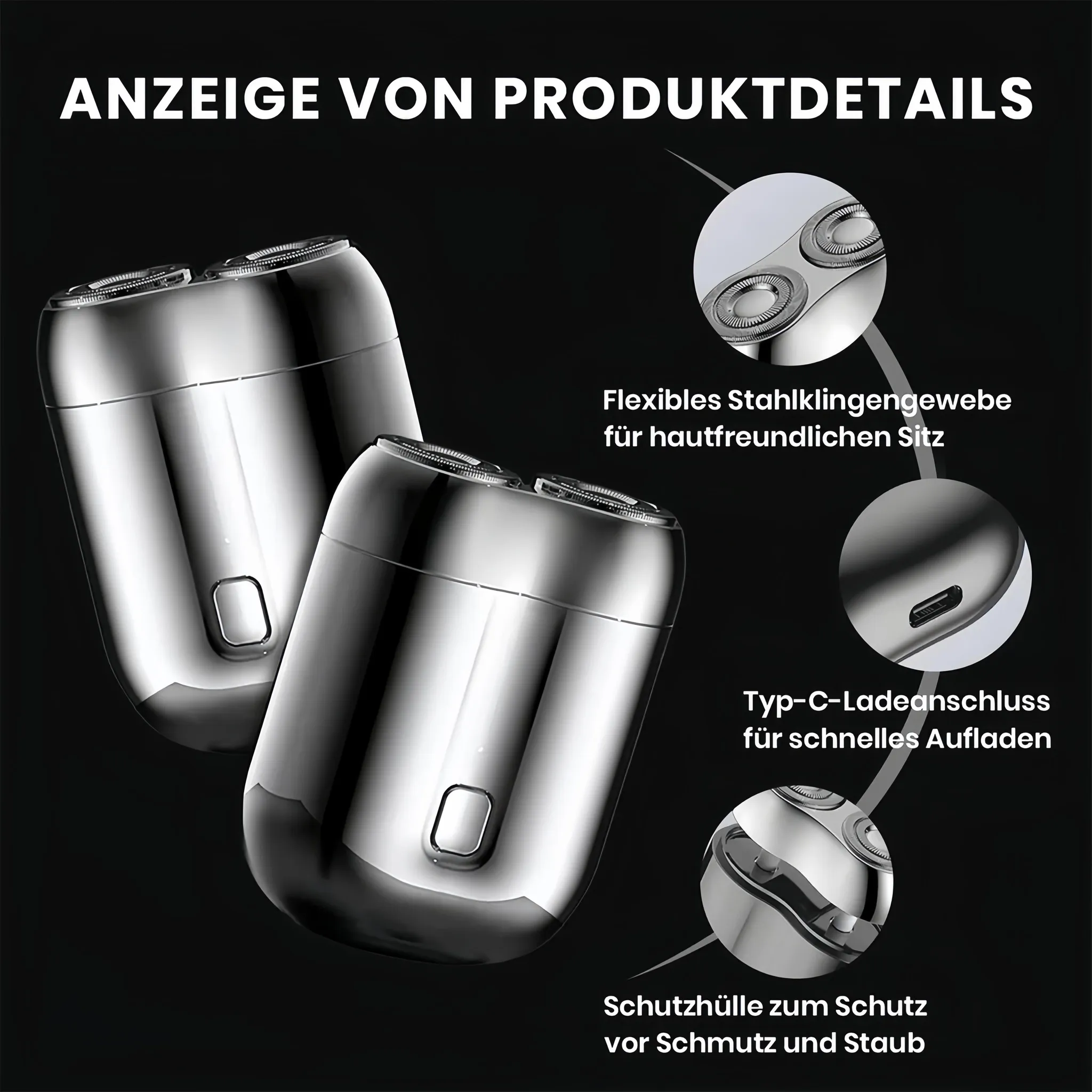 Zwei silberne Elektrorasierer auf schwarzem Hintergrund. Details zeigen flexible Klingen, USB-C-Anschluss und Schutzhülle.