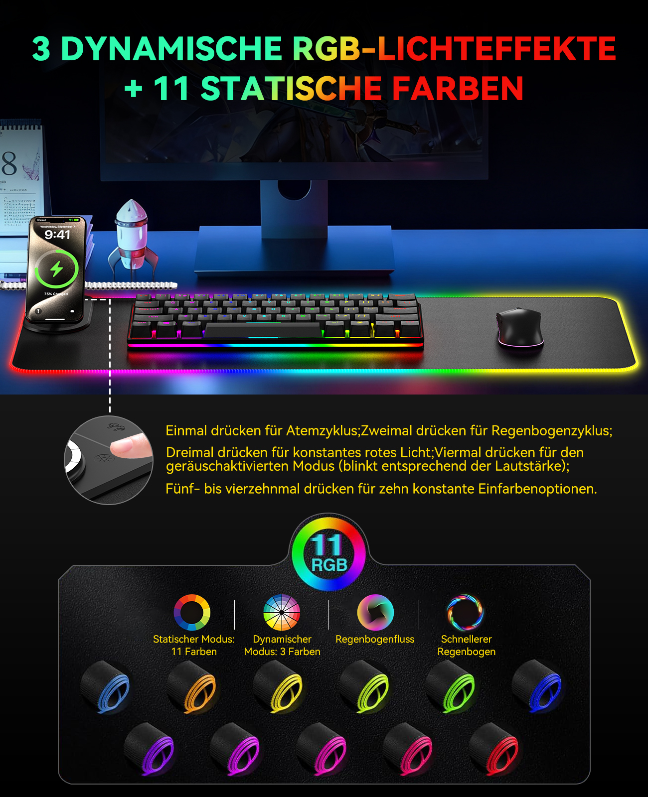 Das Bild zeigt Tastatur, Maus, ladendes Telefon und Rakete. Der Text hebt RGB-Beleuchtungsoptionen und -Modi hervor.