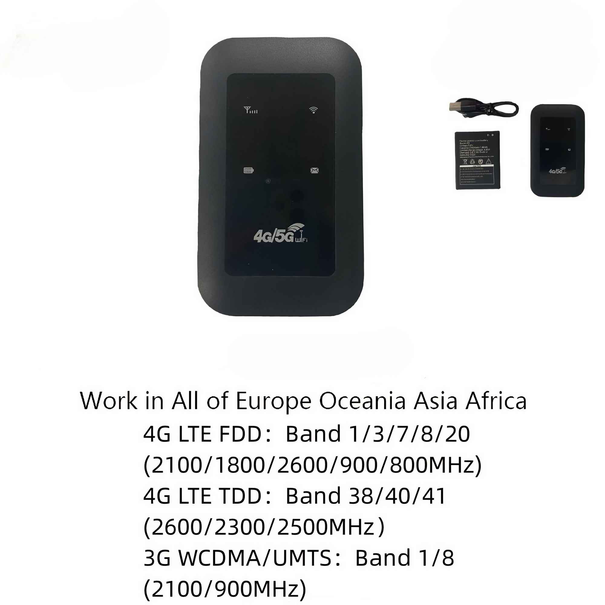 Ein schwarzes 4G/5G-WLAN-Gerät mit Akku, Kabel und einem weiteren Gerät werden zusammen mit Netzwerkinformationen angezeigt.